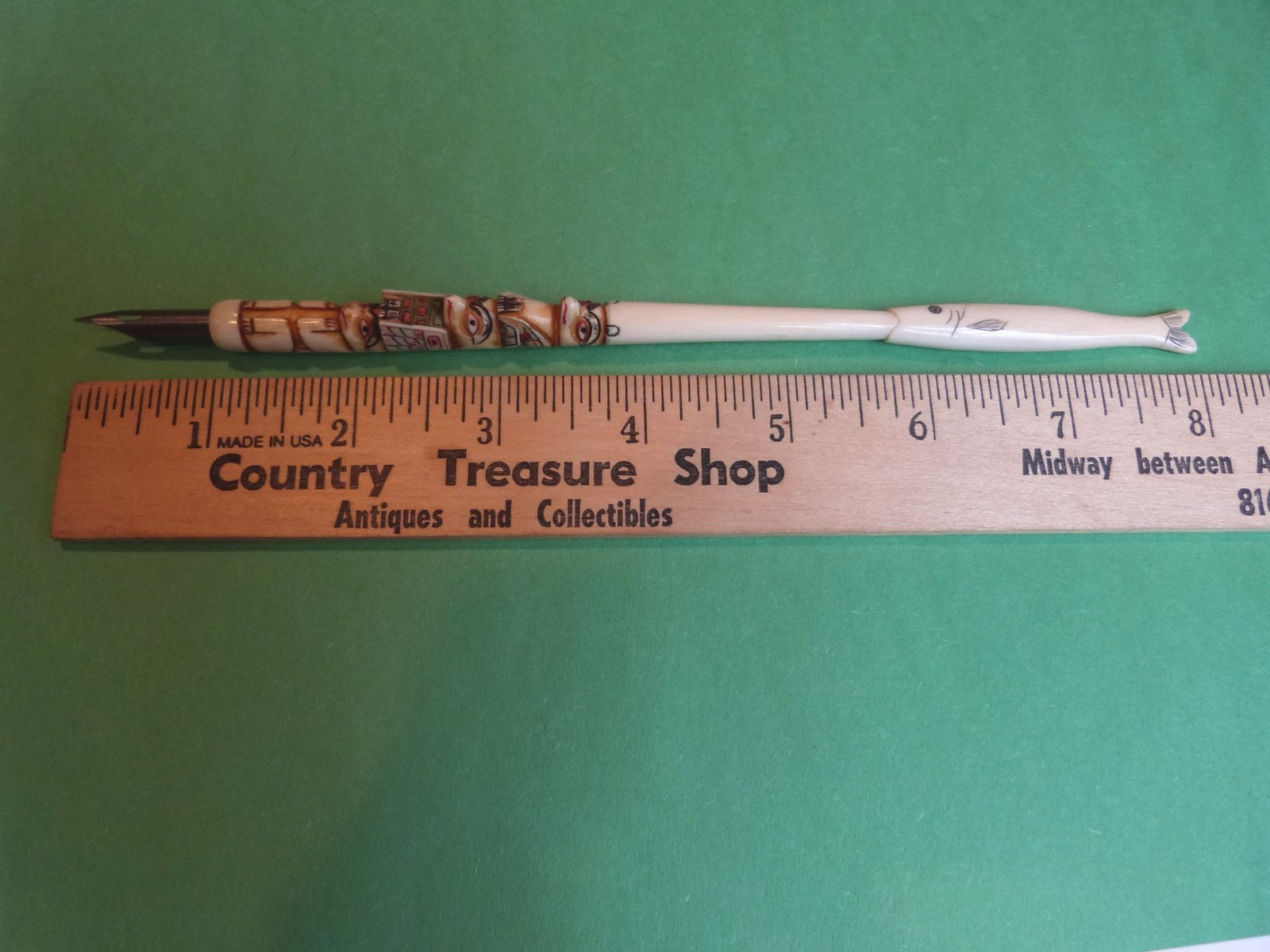 Vintage Antique Carved Totem Pole Fish Dipping Pen Native American Alaskan