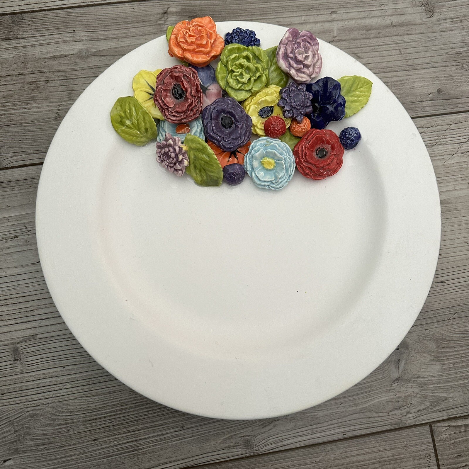 White Plate Dish 11 Inches Applied Ceramic Flowers Signed White Plate Dish 11 Inches Applied Ceramic Flowers Signed