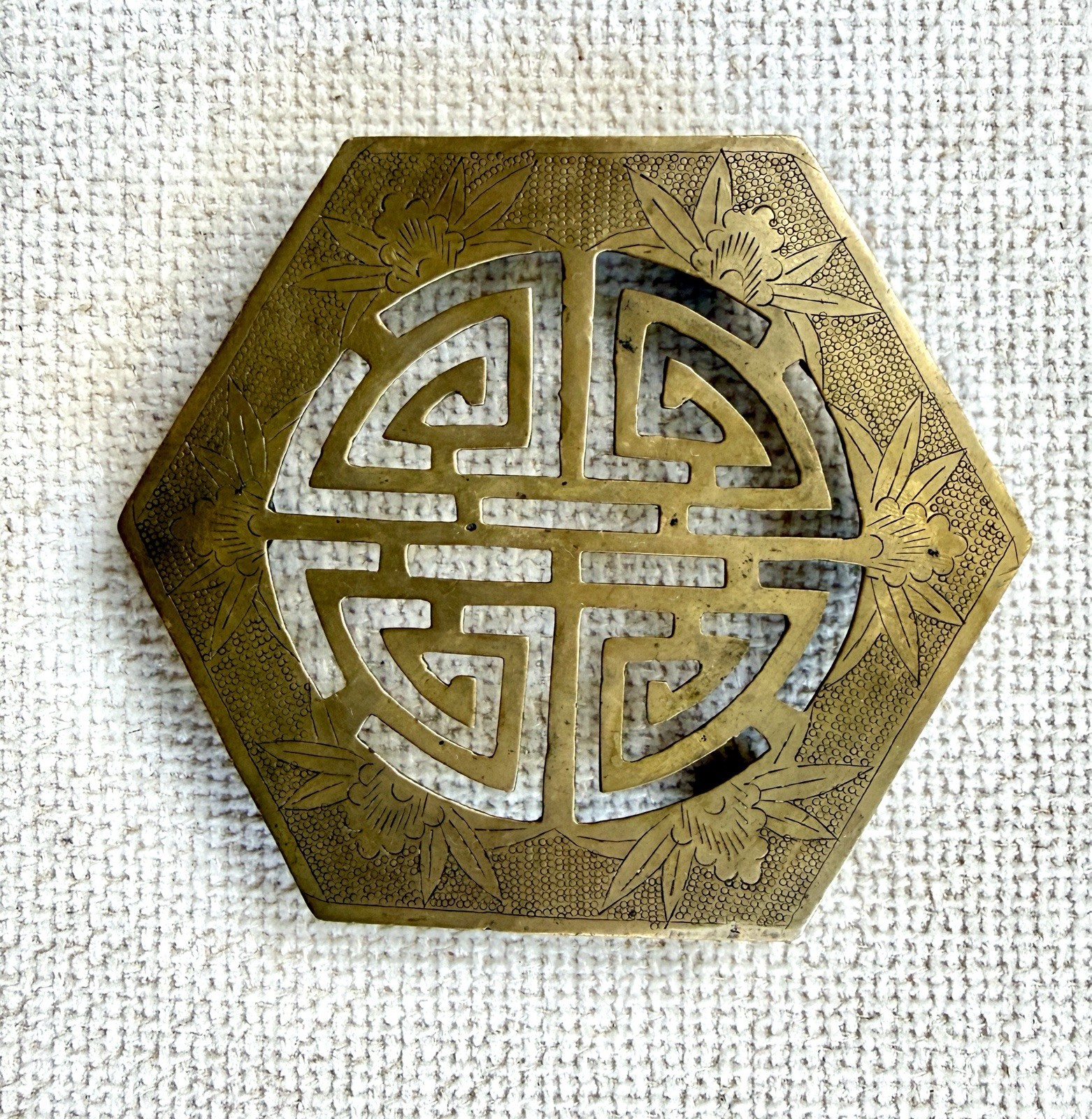 Vintage Brass Hexagon Chinese Shou Longevity Footed Trivet Hot Plate 5”