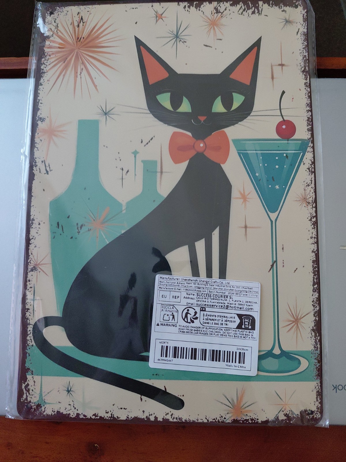 MCM Atomic Retro Black Cat with Martini Glass Tin Metal Signs Home Décor Wall MCM Atomic Retro Black Cat with Martini Glass Tin Metal Signs Home Décor Wall