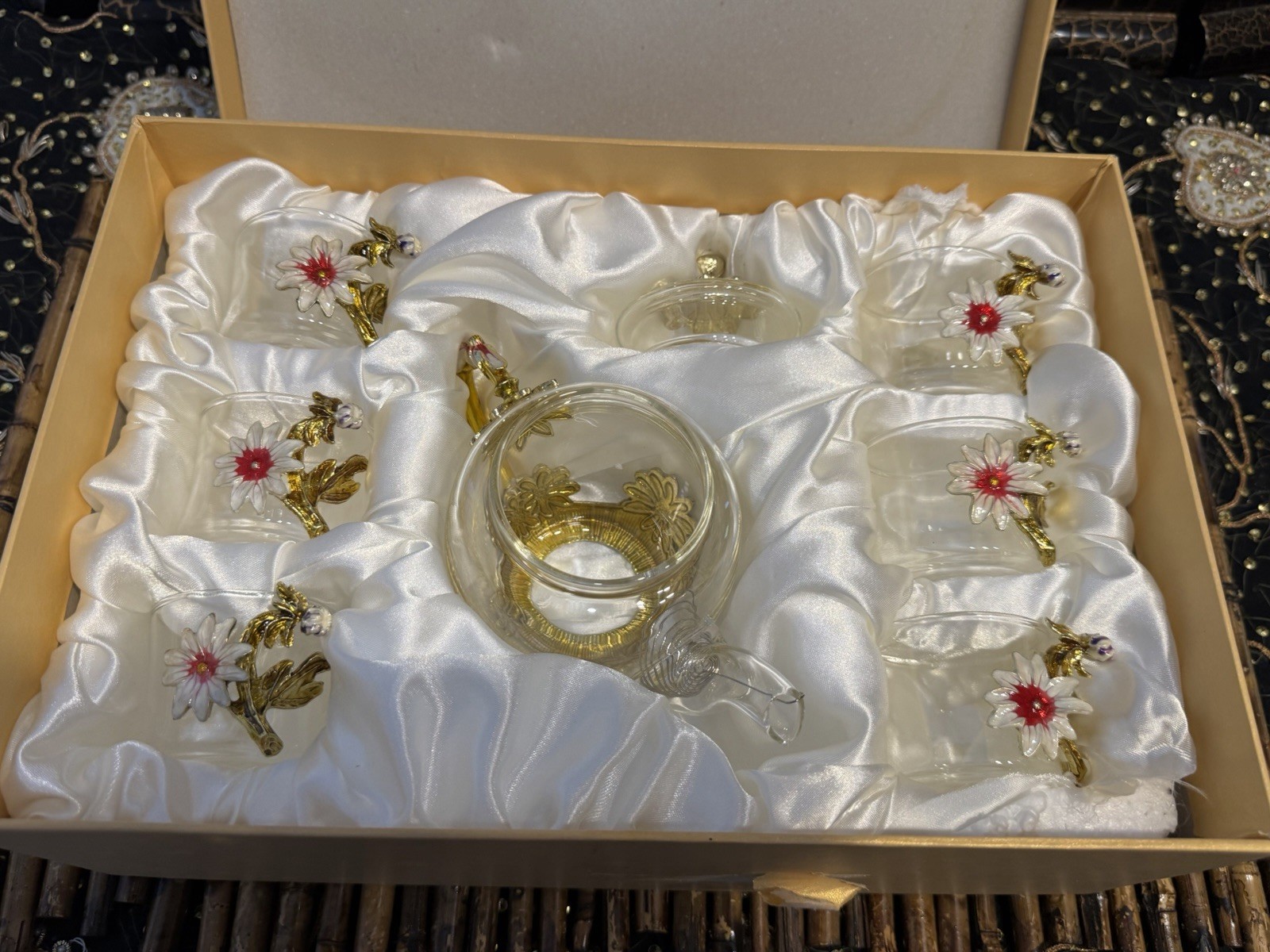 Vintage Glass Floral Tea Set Teapot & 6 Cups Gold Tone Enamel Flowers Boxed