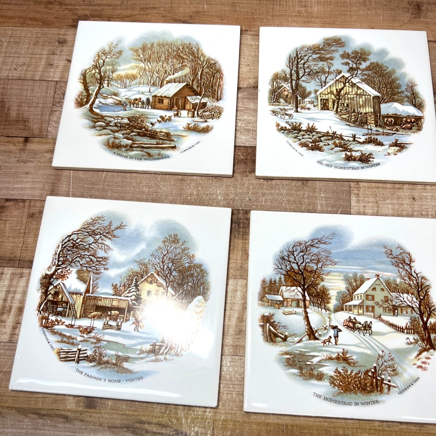VTG Currier & Ives Winter Scene Ceramic Tile Set Of 4 Decorative Art Tiles 6\