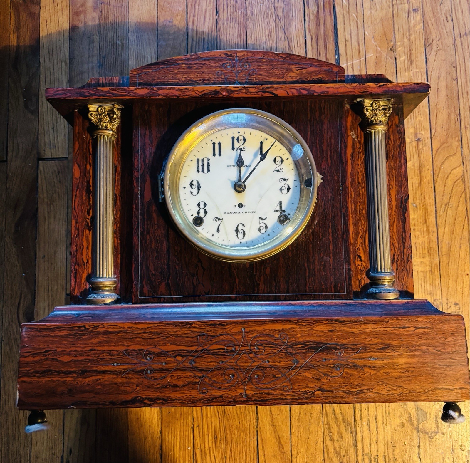 Antique Seth Thomas Adamantine 4 Bell Sonora Mantle Clock Porcelain Dial