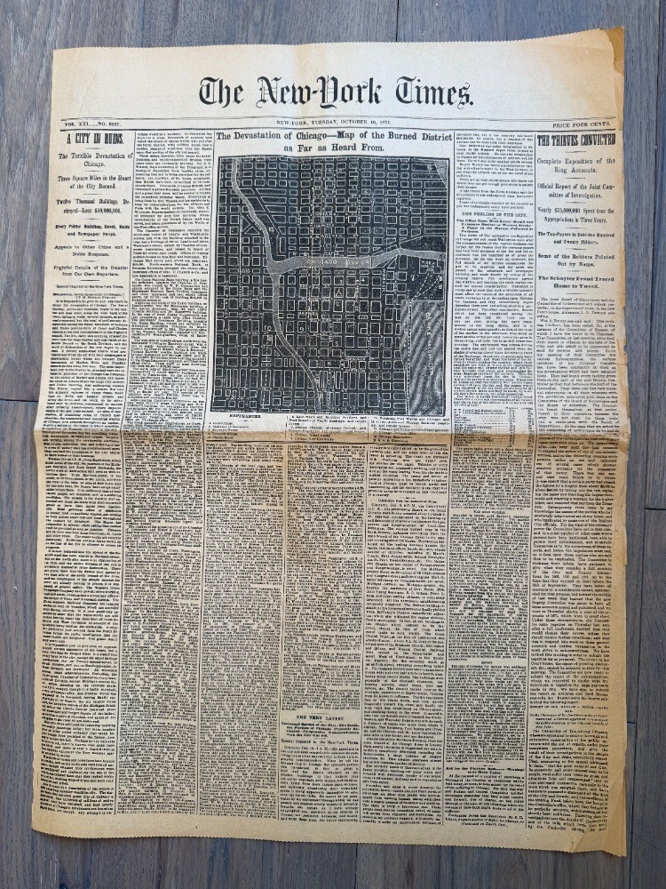 Front Page New York Times Newspaper, October 10, 1871 Devastation of Chicago Front Page New York Times Newspaper, October 10, 1871 Devastation of Chicago