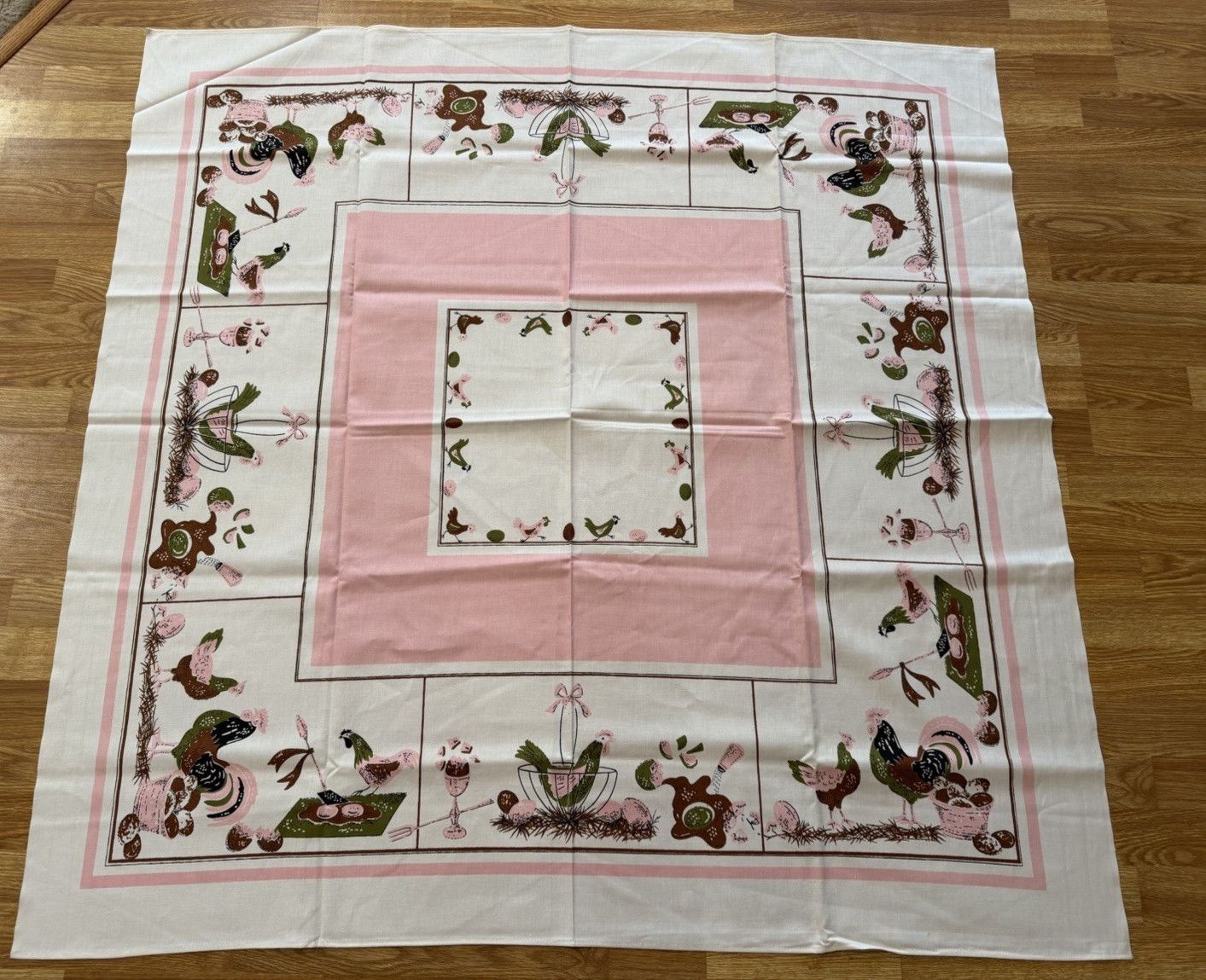 Vintage Cotton Tablecloth 50x49 Pink Brown Avocado Chicken Farmhouse Mid Century Vintage Cotton Tablecloth 50x49 Pink Brown Avocado Chicken Farmhouse Mid Century