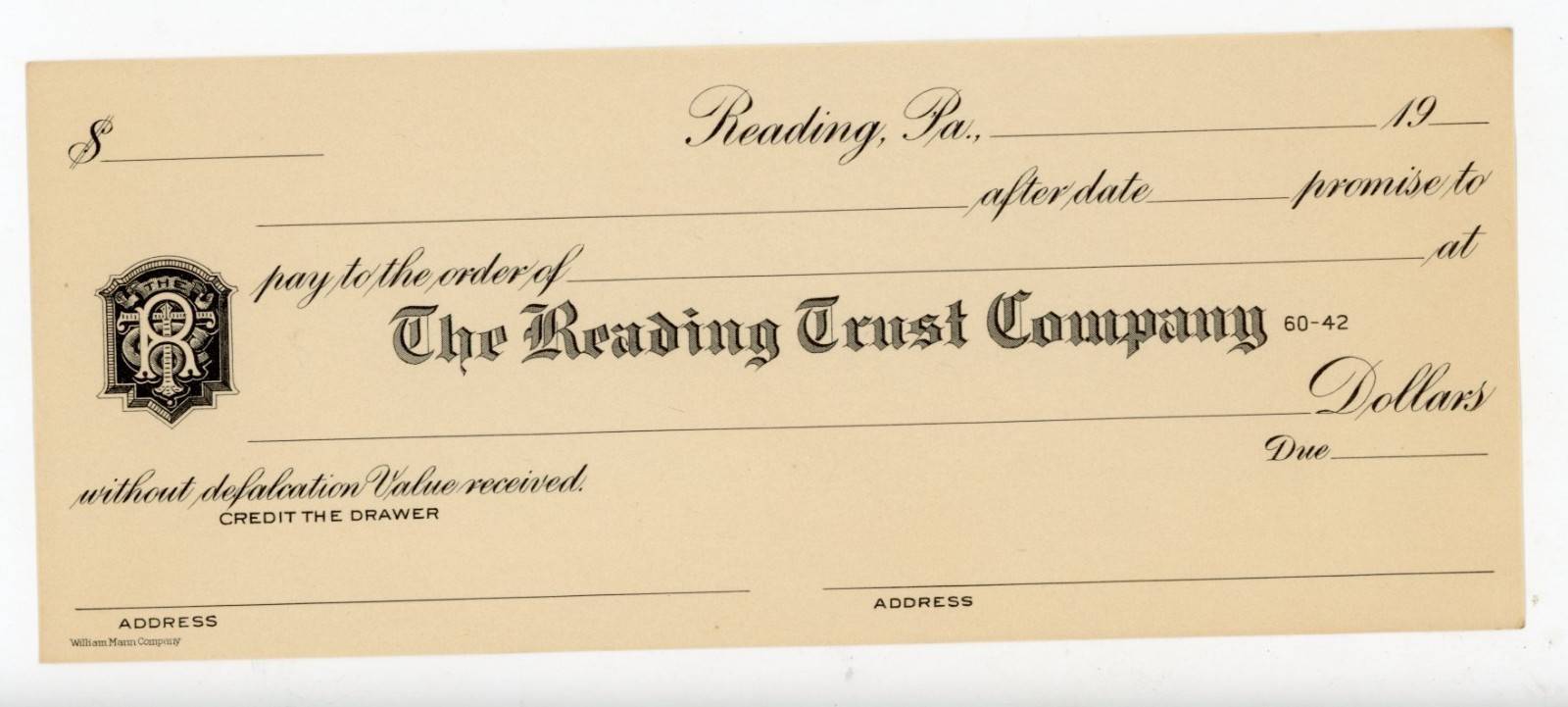 Antique Blank Check The Reading Trust Company PA Early 1900 Bank William Mann C0 Antique Blank Check The Reading Trust Company PA Early 1900 Bank William Mann C0