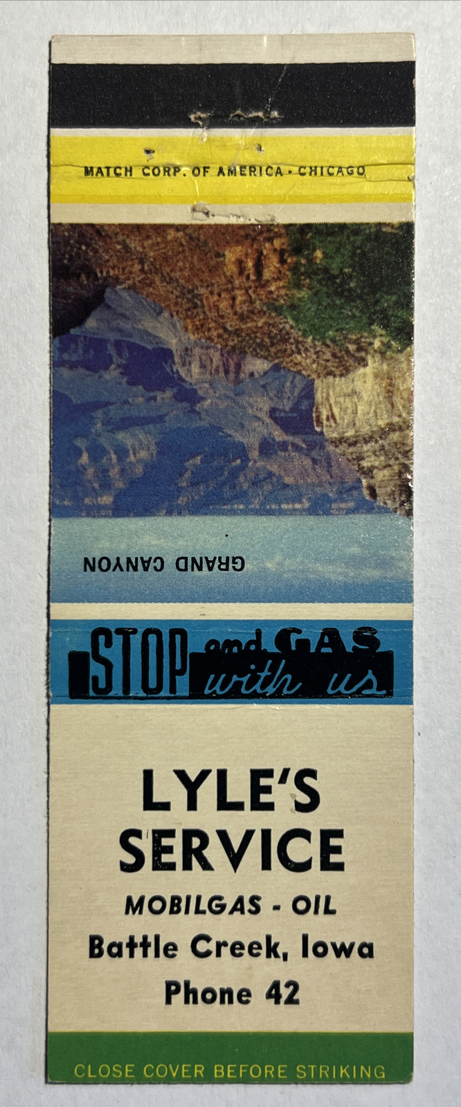 Authentic Vintage Mobilgas Matchbook Cover - Lyle’s Service - Battle Creek, Iowa