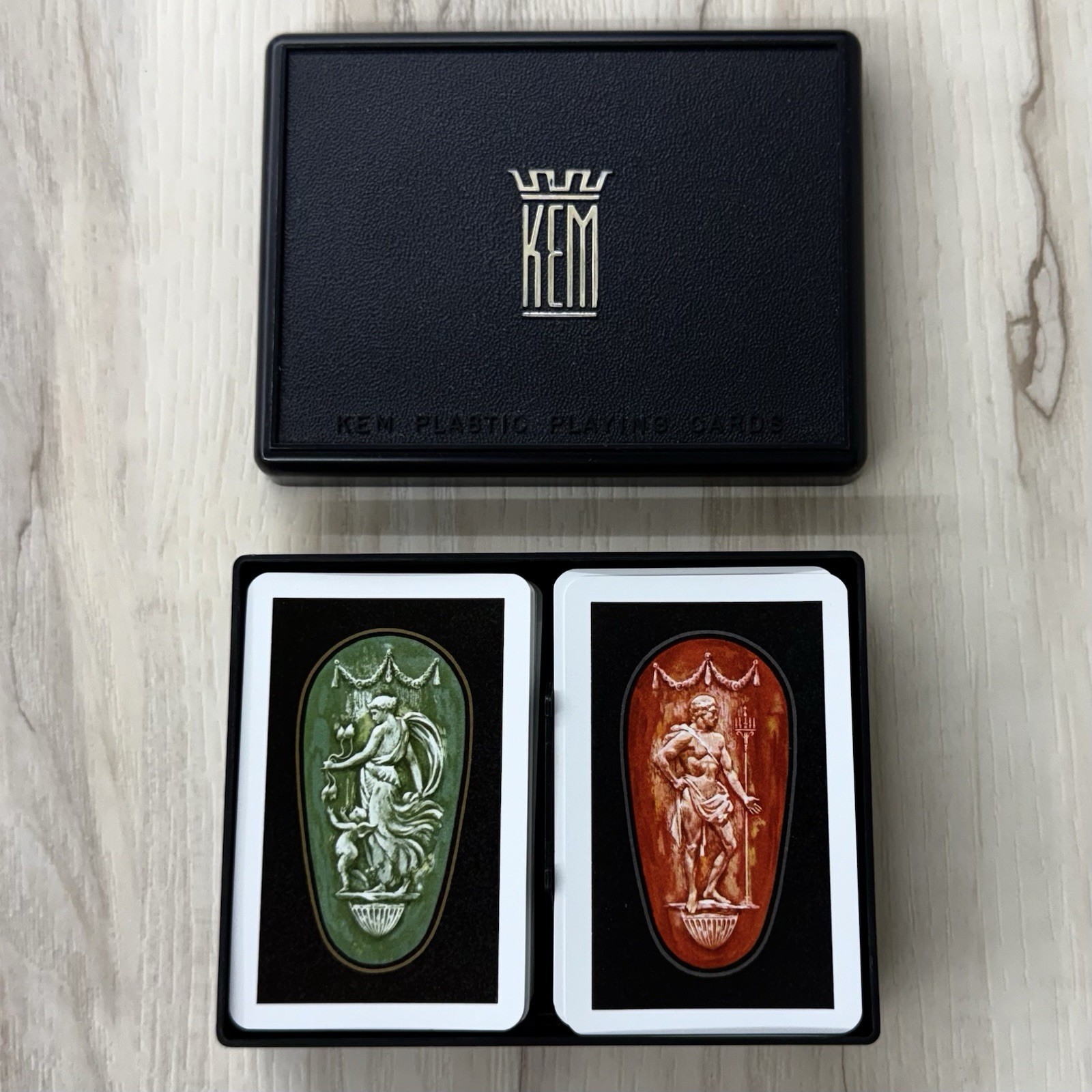 VTG MCM KEM Athens Series Double Deck Plastic PLAYING CARDS Complete w/ Case EUC