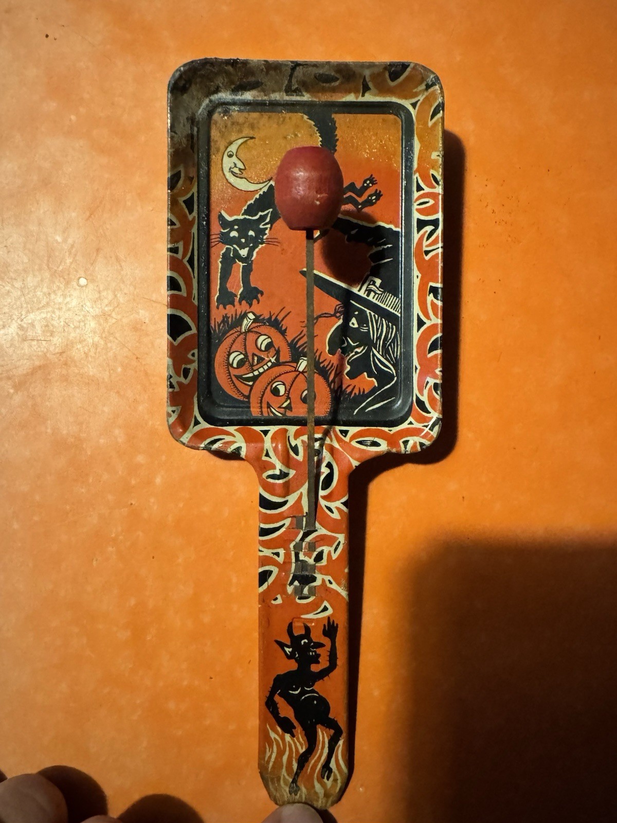Vintage Kirchhof Halloween Tin Litho Paddle Noisemaker Witch Black Cat Devil USA