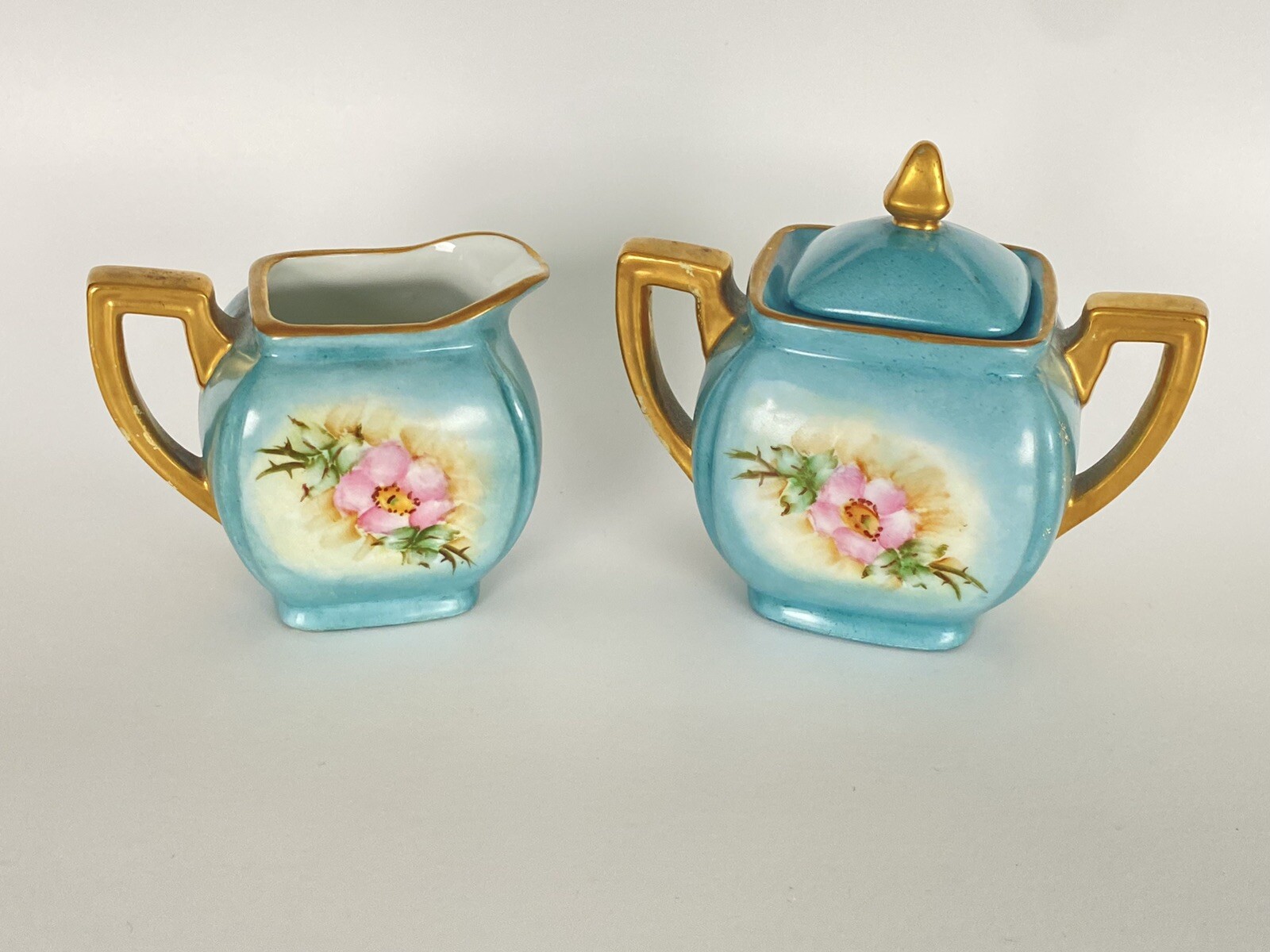 Hand Painted Porcelain Blue & Gold Floral Creamer & Lidded Sugar