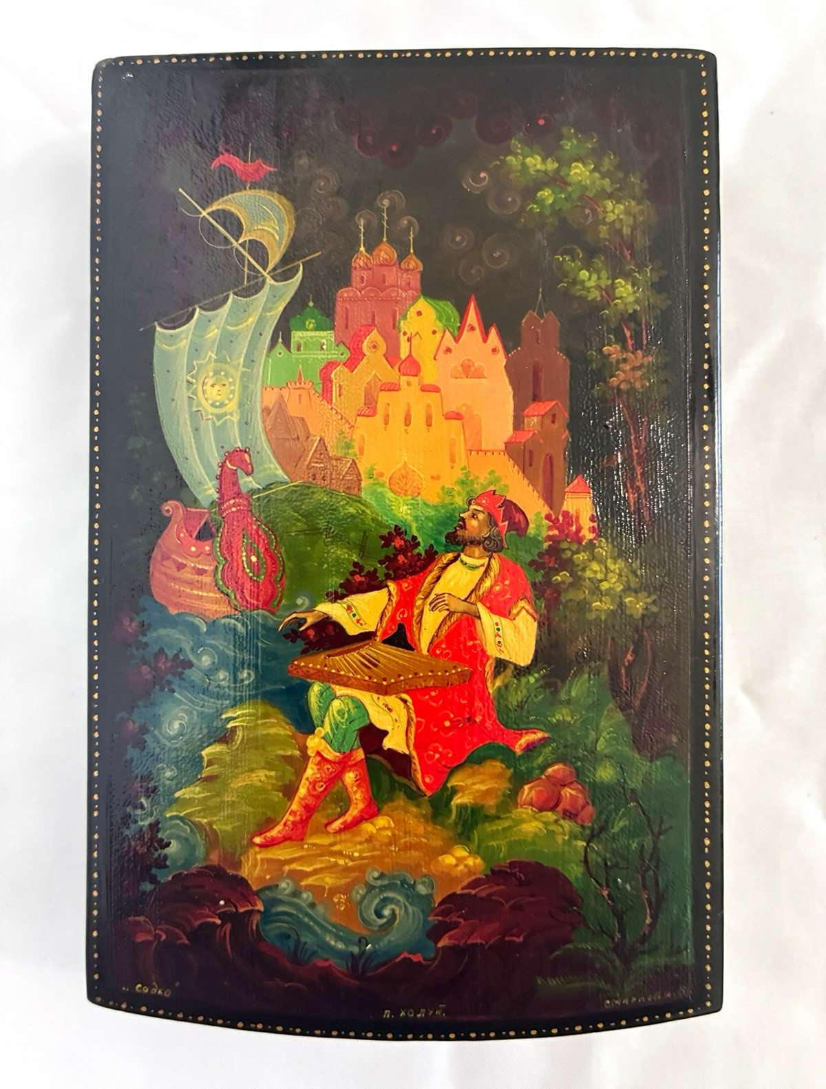 Vibrant, Vintage Russian Lacquer Hand Painted Hinged Box w/ Sadko