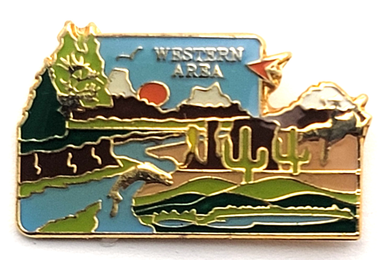 USPS Western Area Desert Mountains River Cactus Scenic Postal Service Pin VTG