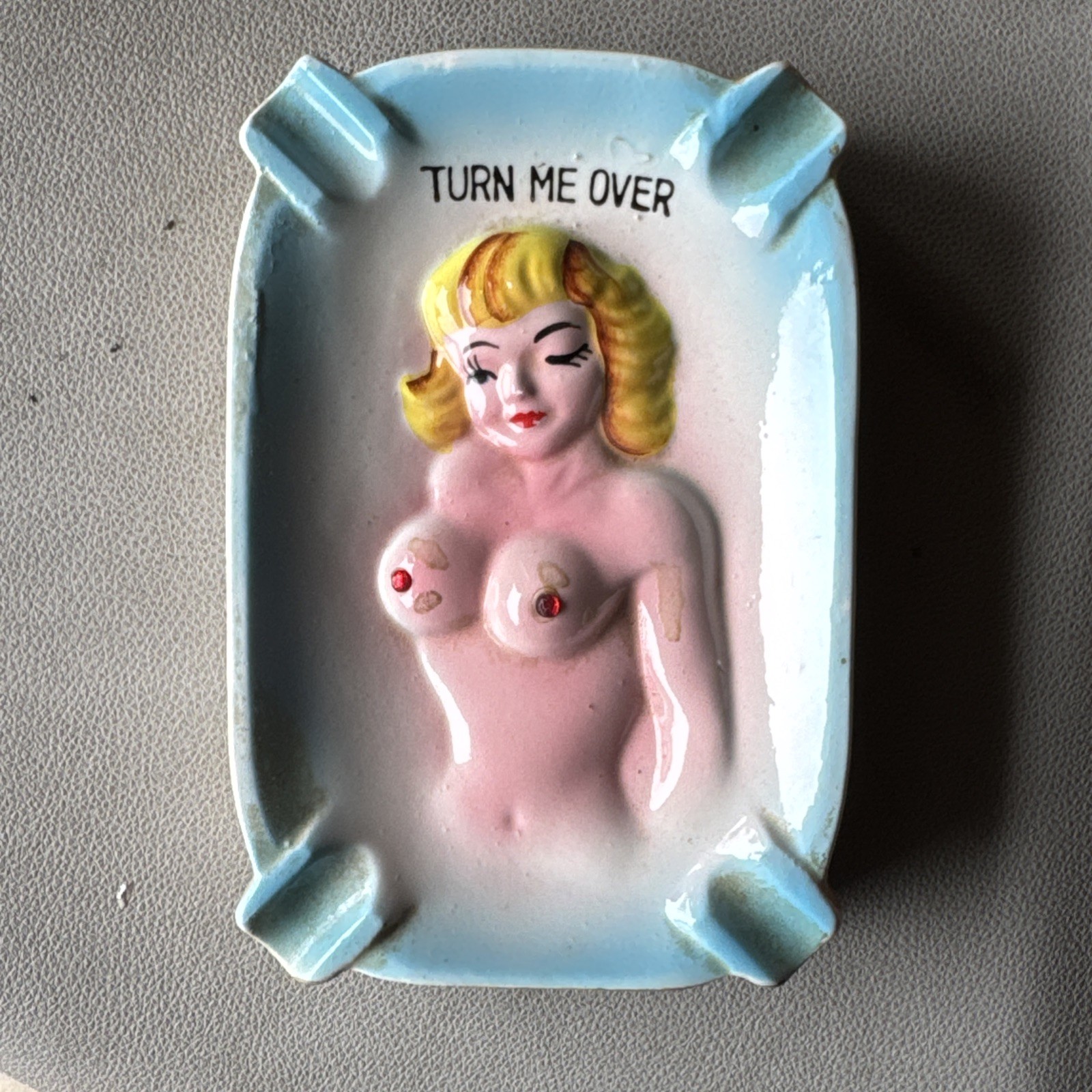 Vintage Risqué Nude Lady “Turn Me Over” Ashtray Japan -chipped