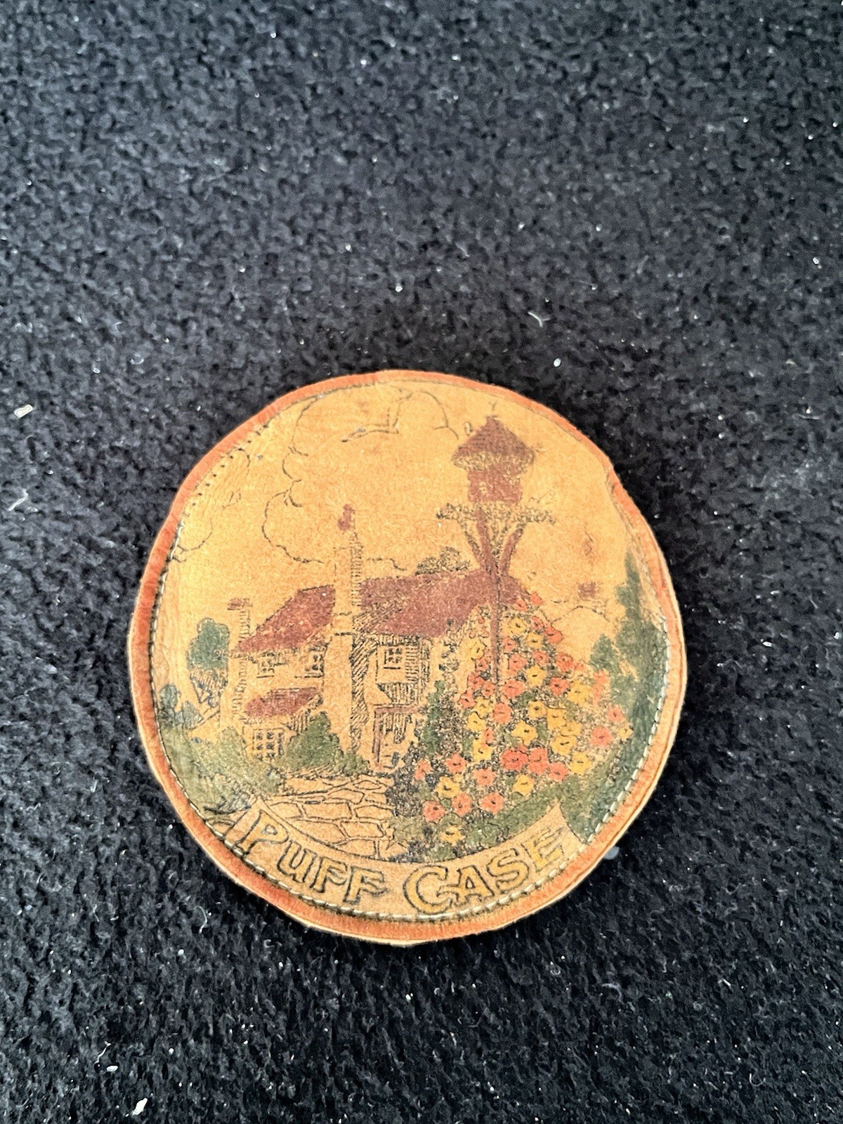 Antique 1900’s Pyrography Suede Vanity Powder Puff Case With Plush Velour Puffer