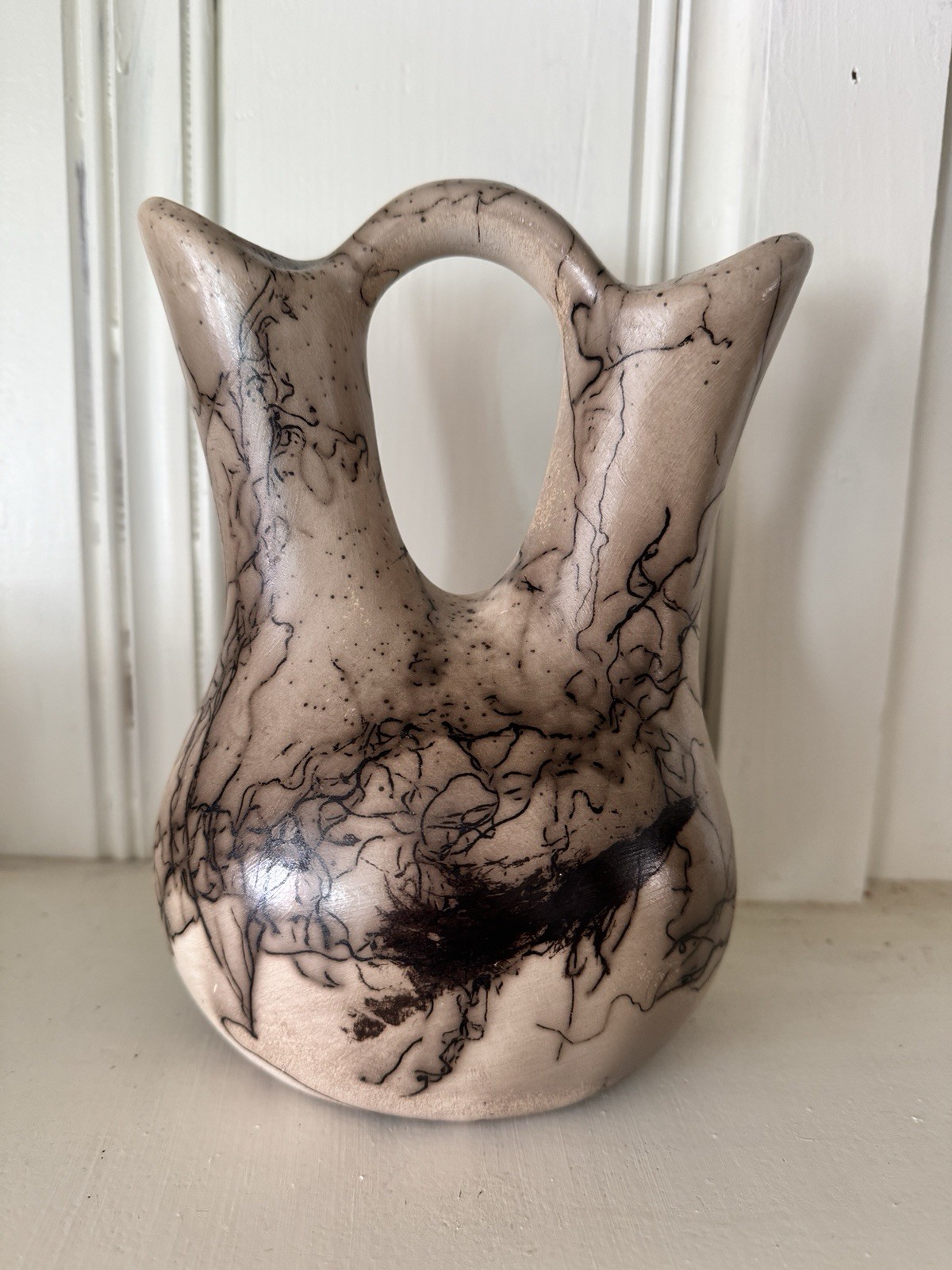 Signed Horsehair Pottery, Double Spout Vase, Handmade Studio Art Pottery 8”