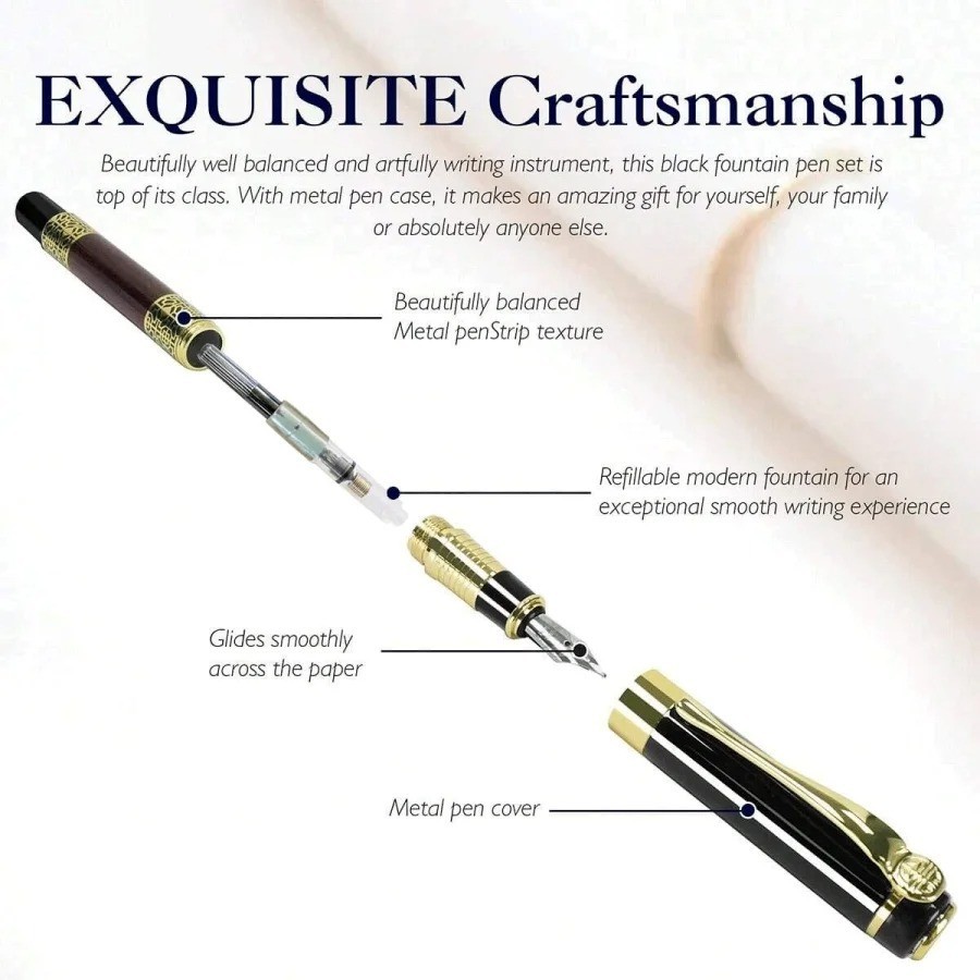 Fine Nib Fountain Pen with 10 Ink Cartridges Metal Refillable Calligraphy Pen