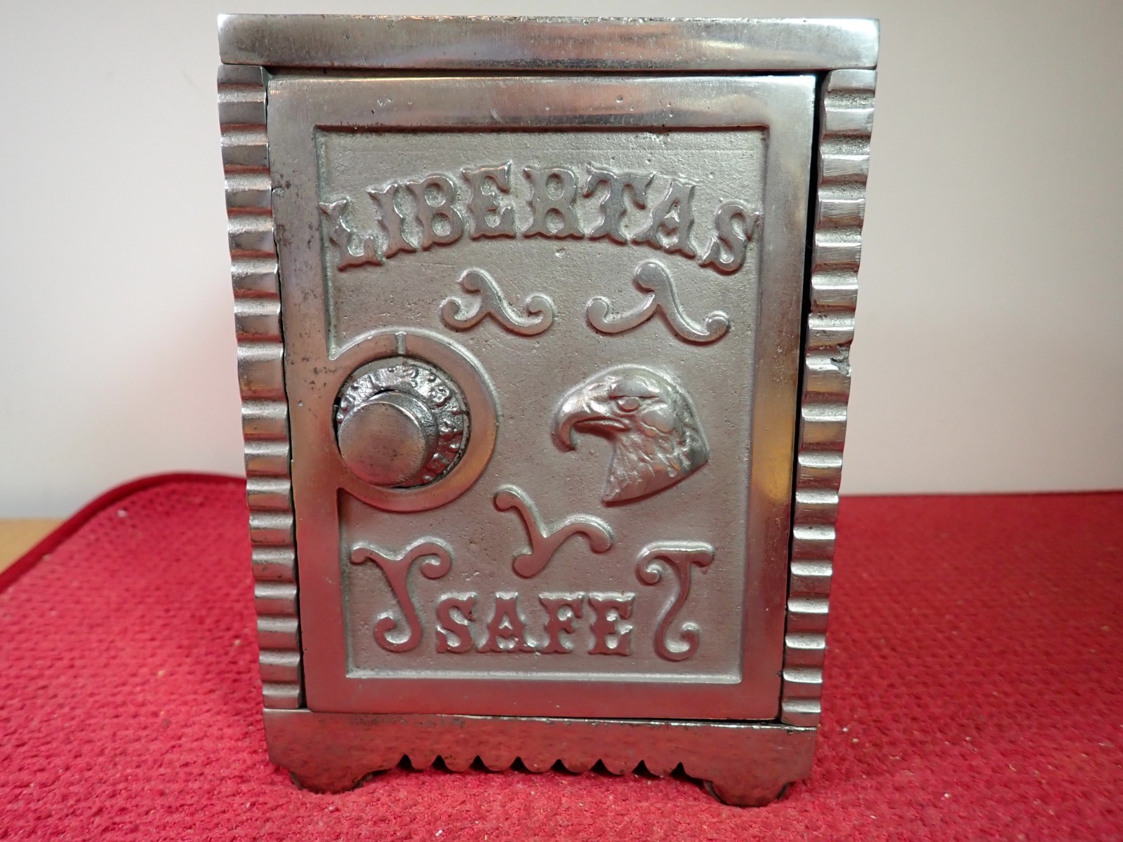 Antique 1906 to 1909 Rare Libertas Nickel Plated Cast Iron Large Toy Safe Bank