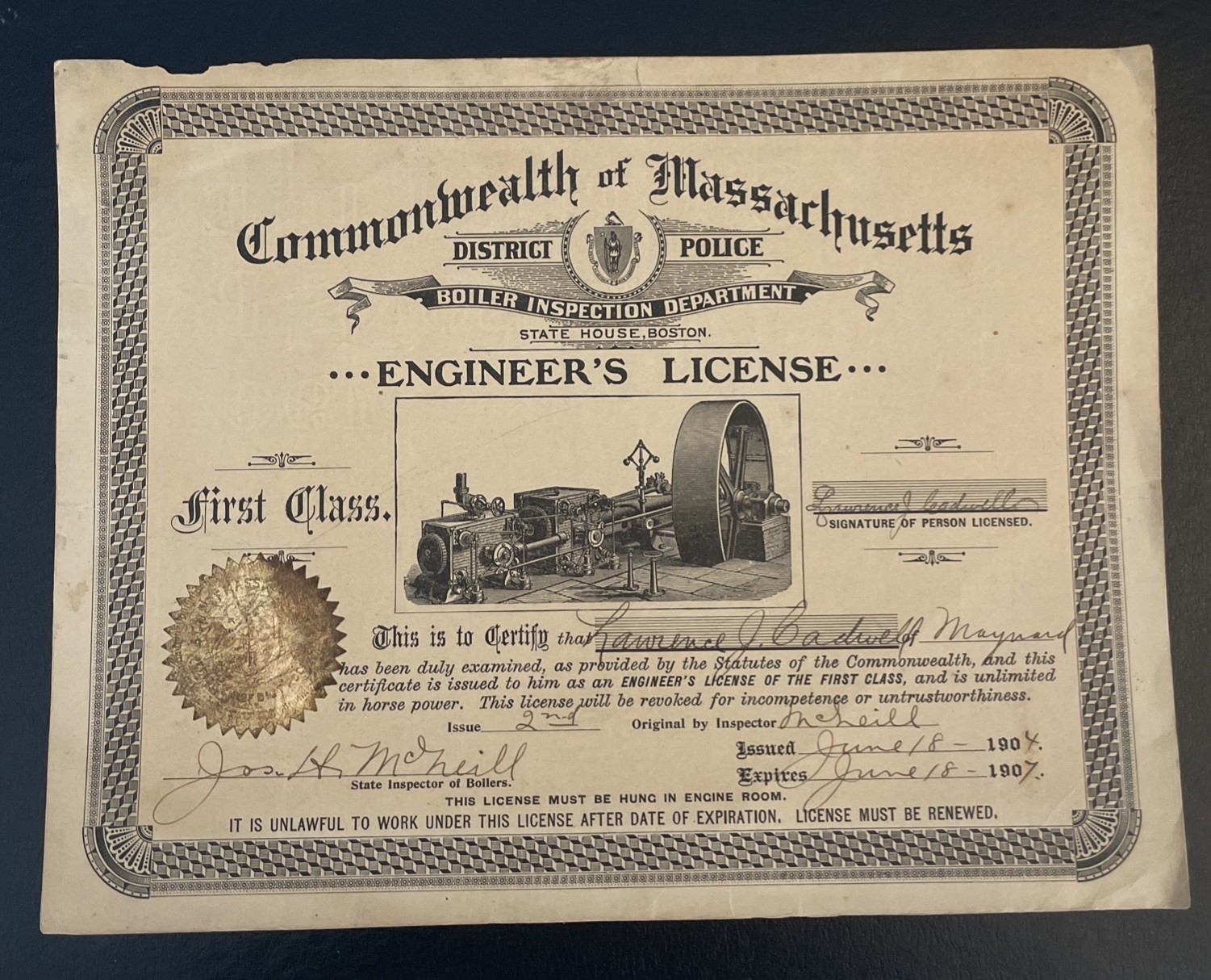Vintage 1904 Commonwealth of Massachusetts Engineer’s Liscence