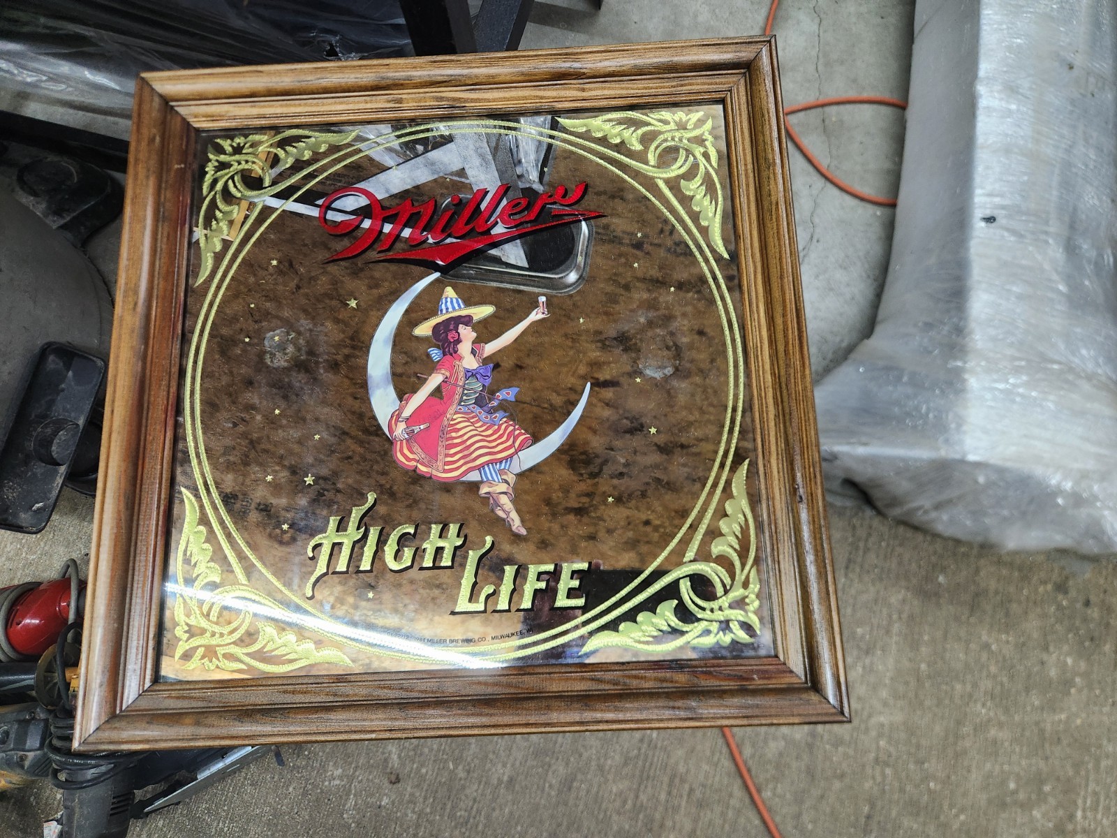 Vintage Miller High Life Beer 1979 Girl On The Moon Bar Mirror 14 X 14 Framed