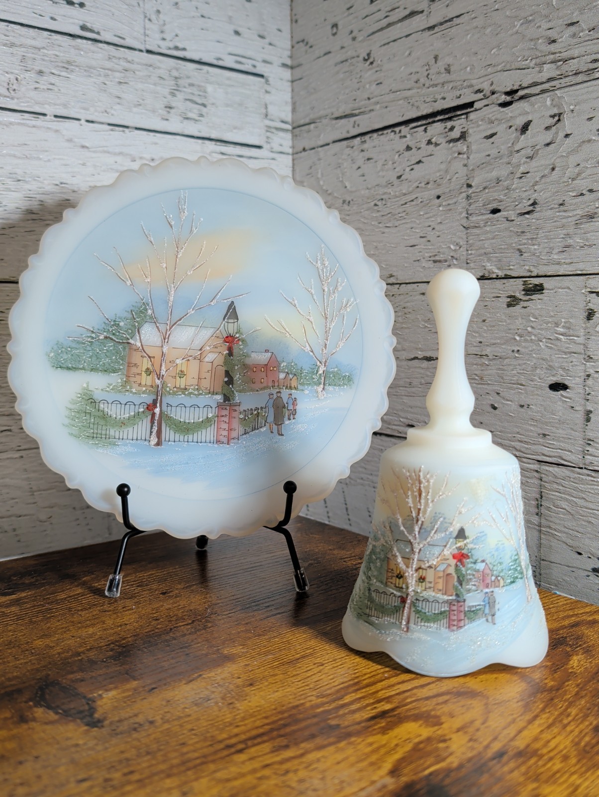 VTG Fenton 1991 Satin Christmas Eve Plate & Bell Christmas at Home Series VTG Fenton 1991 Satin Christmas Eve Plate & Bell Christmas at Home Series