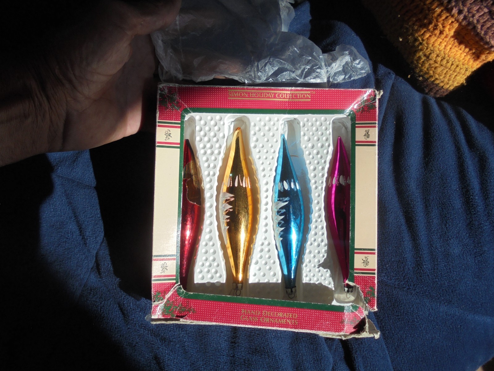 Vintage Simon Holiday Collection Hand Blown + Decorated Glass Ornaments Set of 3