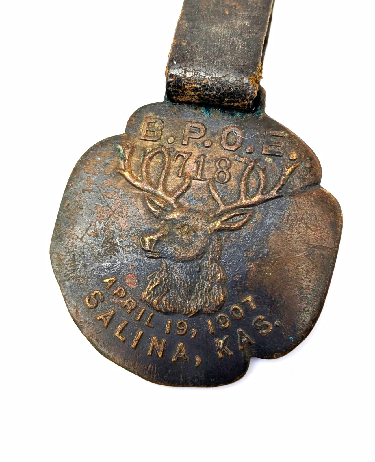 Antique 1907 BPOE 718 Elks Salina KS Watch Fob Metal Tag Leather Strap Schwaab