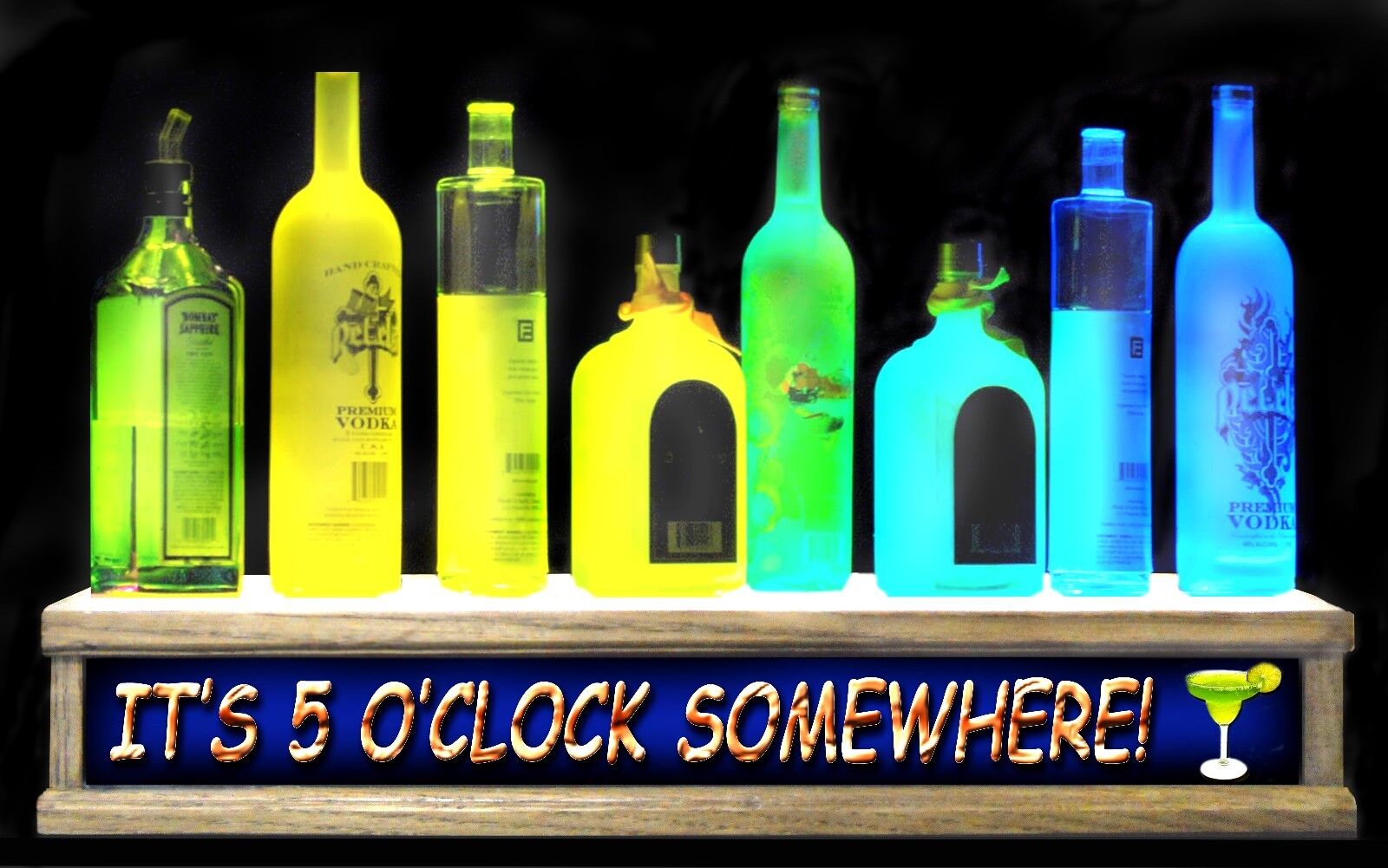 REMOTE CTL  LIGHTED liquor bottle / shot glass display IT’S 5'OCLOCK SOMEWHERE
