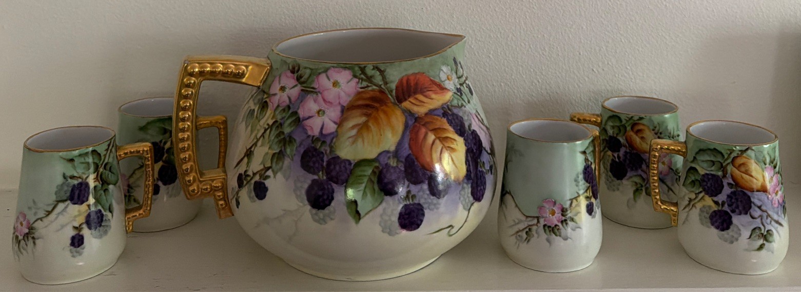 Antique Limoges BlackBerry Pitcher & 5 Bavarian BlackBerry Cups -  By McCue