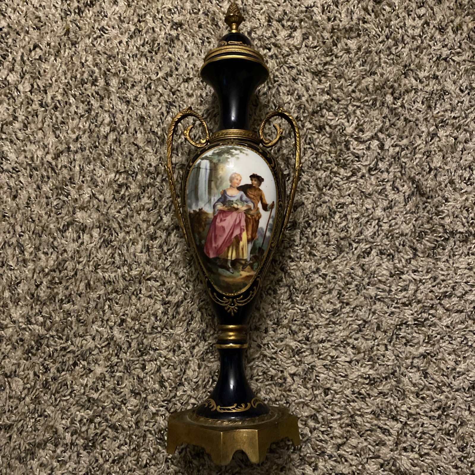 Sevres Style French Cobalt Porcelain Vase Bronze Couple Scene 15”