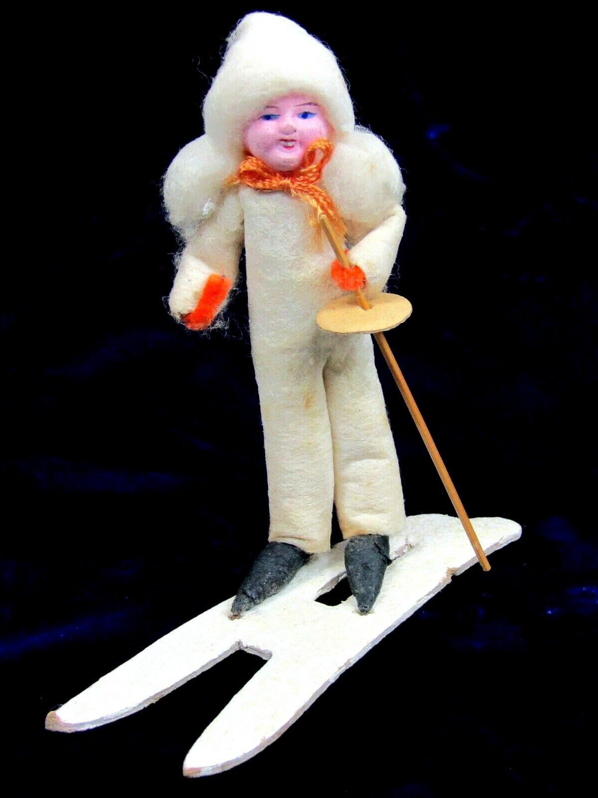 Antique VTG Composition Face Spun Cotton GIRL Ski Putz Christmas Ornament Japan