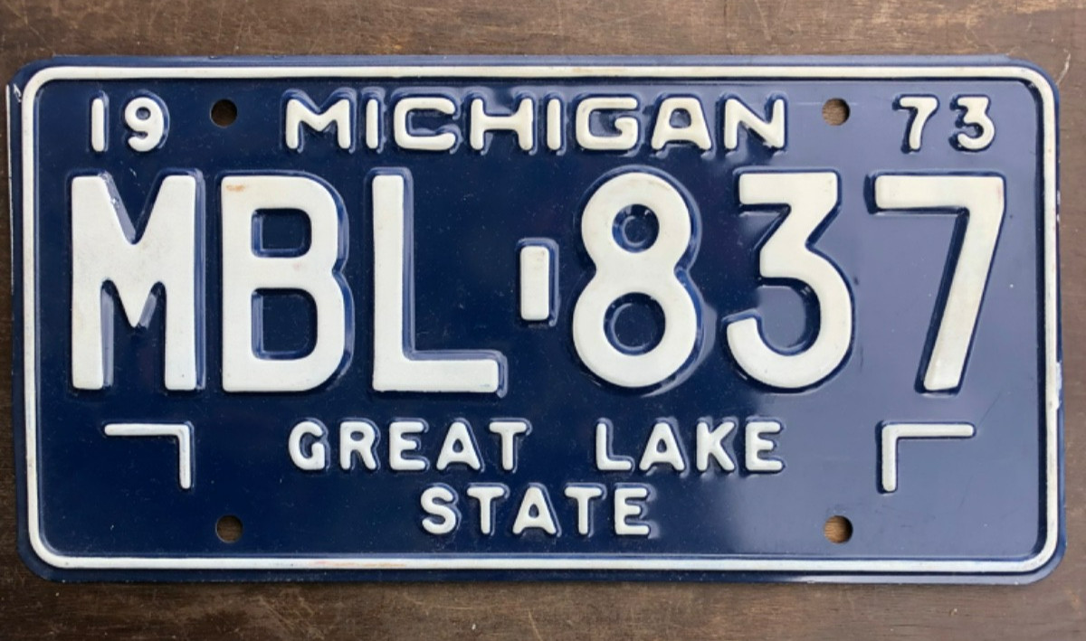 1973 Michigan Dark Blue Base License Plate # MBL-837 Great Lake State EUC 1973 Michigan Dark Blue Base License Plate # MBL-837 Great Lake State EUC