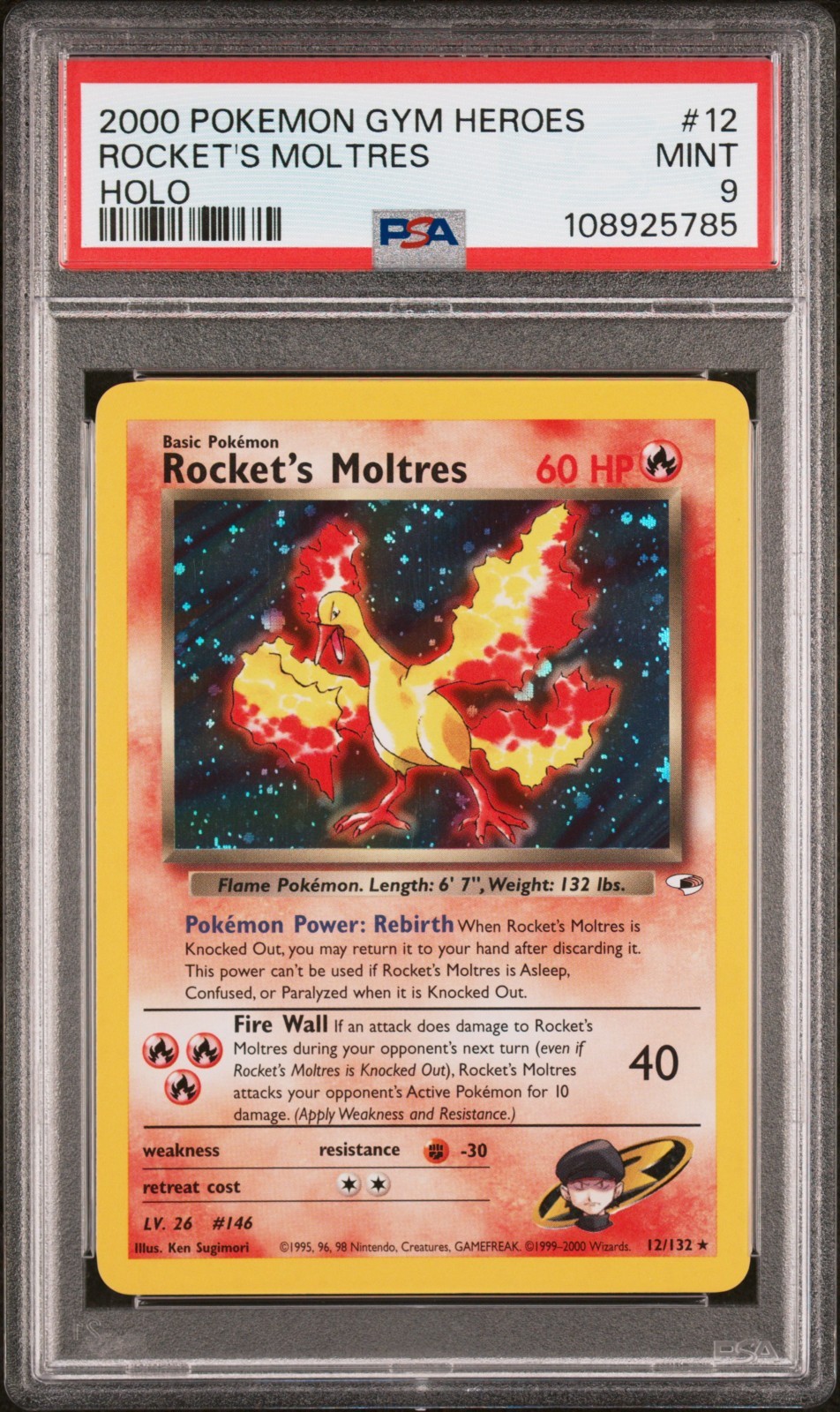 💎NEW CERT PSA 9 MINT Rocket\'s Moltres Gym Heroes Pokemon Card WOTC 12/132