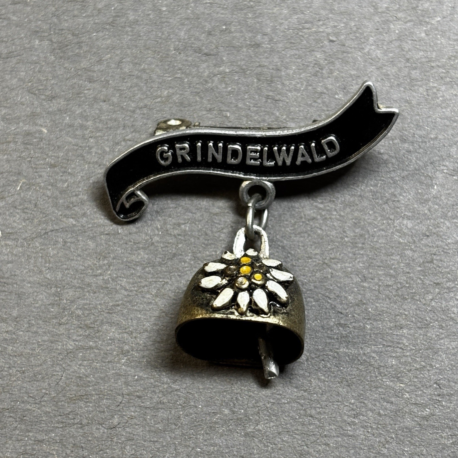 Grindelwald Switzerland Souvenir Travel Lapel Hat PIN Cow Bell Edelweiss flower Grindelwald Switzerland Souvenir Travel Lapel Hat PIN Cow Bell Edelweiss flower