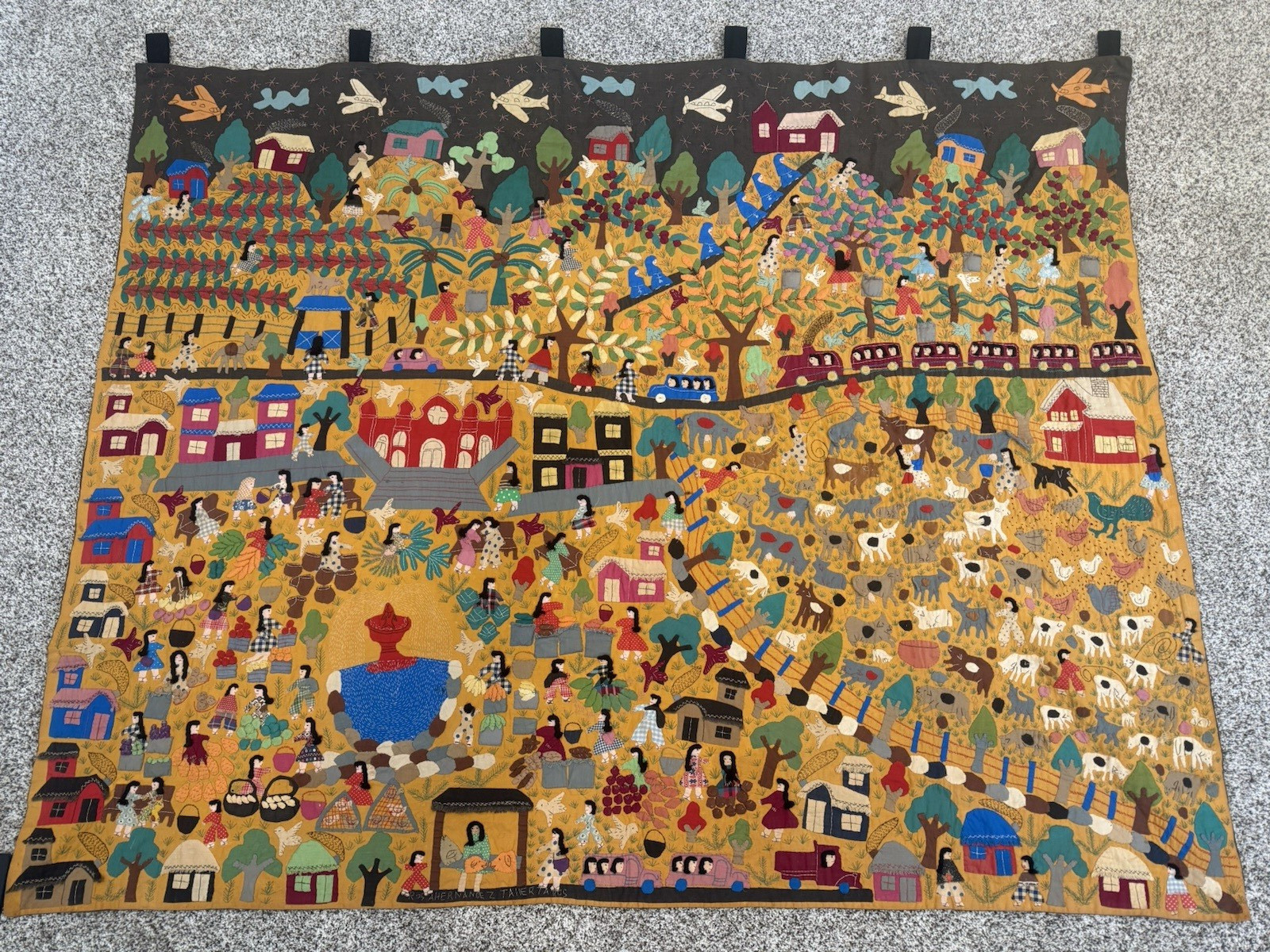 Vintage Hand Stitched Arpillera Peruvian Folk Art Tapestry Massive 66x54\ Vintage Hand Stitched Arpillera Peruvian Folk Art Tapestry Massive 66x54\
