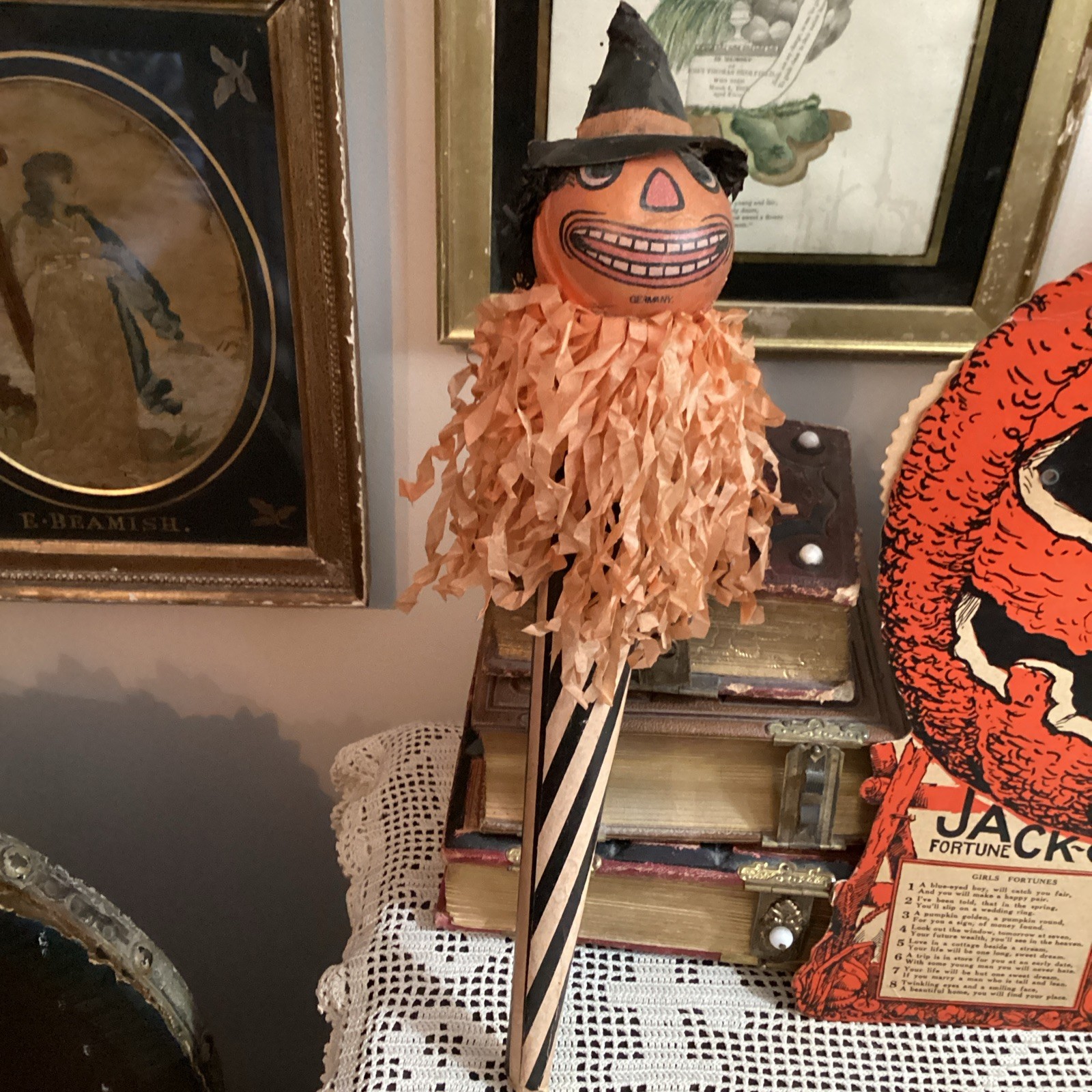 ANTIQUE HALLOWEEN PUMPKIN MAN NOISEMAKER HORN GERMANY 14 1/2” T. RARE GREAT ANTIQUE HALLOWEEN PUMPKIN MAN NOISEMAKER HORN GERMANY 14 1/2” T. RARE GREAT