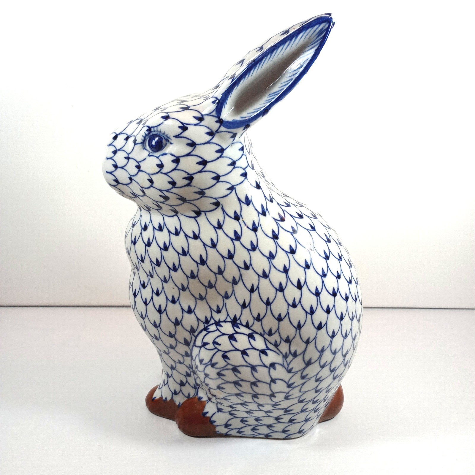 Vintage Blue White Fishnet Porcelain Rabbit Figurine 14'' Bunny Good Chinoiserie