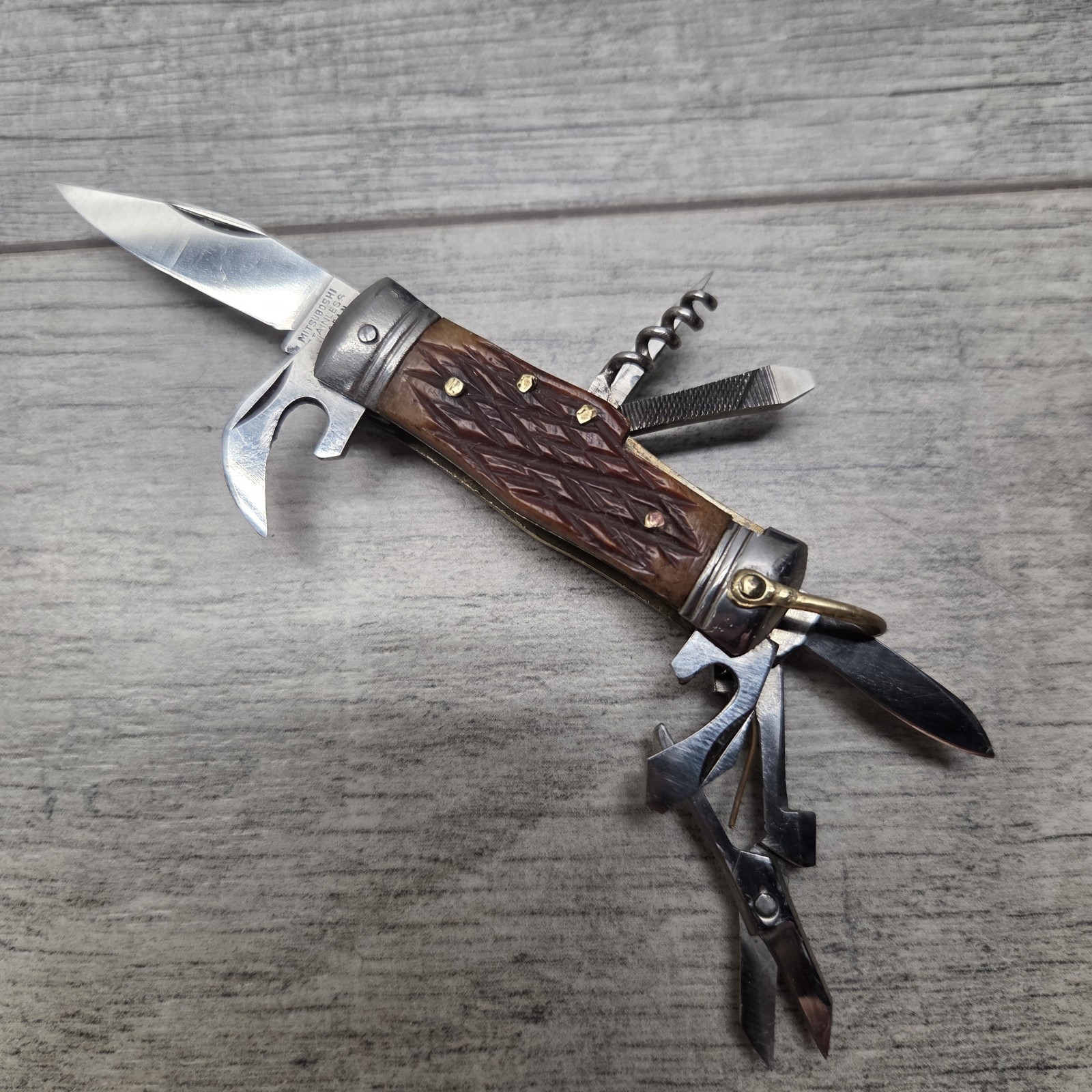 Vintage Mitsuboshi Stainless Japan Mini Scout Camp Knife w/ Boxes 9 Function