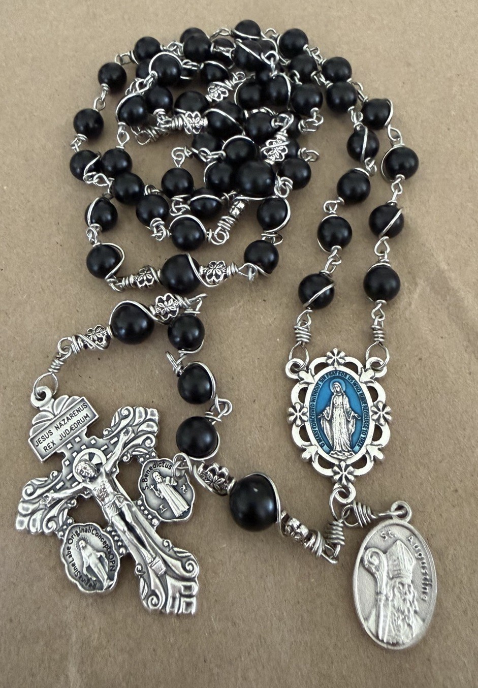 St. Augustine Catholic Rosary, Black Matte Onyx Rosary, Miraculous MedalHandmade