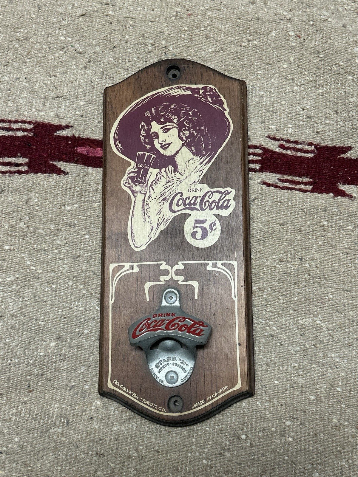 Coca-Cola Wall Mounted Bottle Opener Sign with Lady Graphic & 5¢ Advertising Art