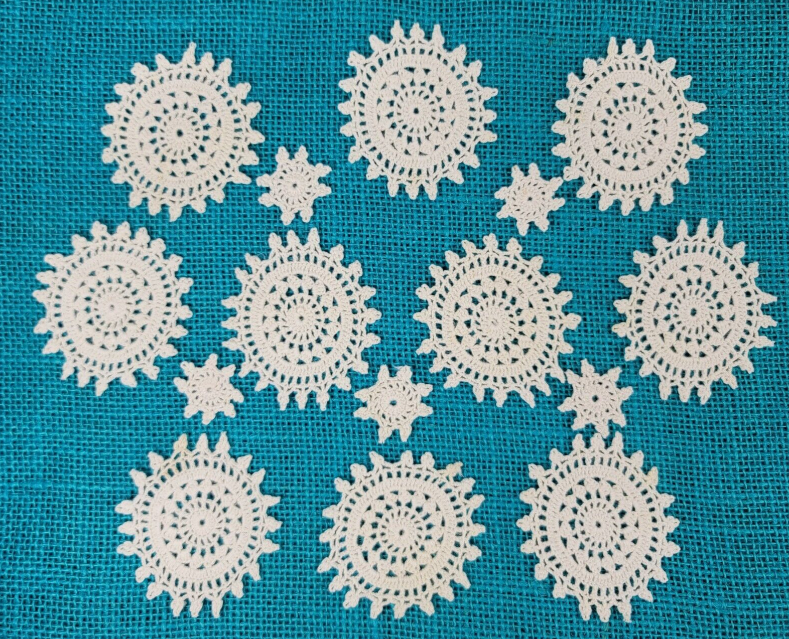 10 Vtg Crochet Floral Light Cream Doilies 2.75 inch 5 Mini Doily 1.25 inch Lot