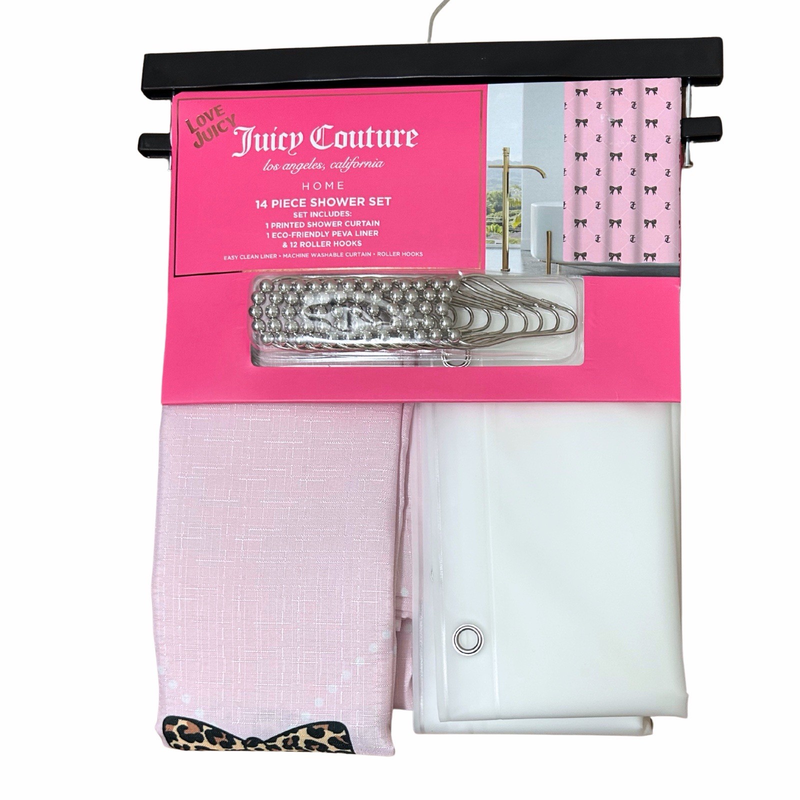 14pc Juicy Couture Pink Shower Curtain With Leopard Bows, Liner, Hooks New 14pc Juicy Couture Pink Shower Curtain With Leopard Bows, Liner, Hooks New