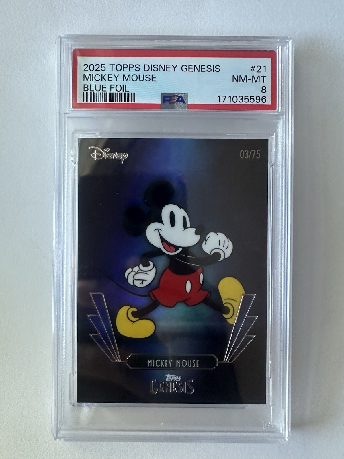2025 Topps Disney Genesis BLUE FOIL Mickey Mouse #21 PSA 8 Numbered To /75