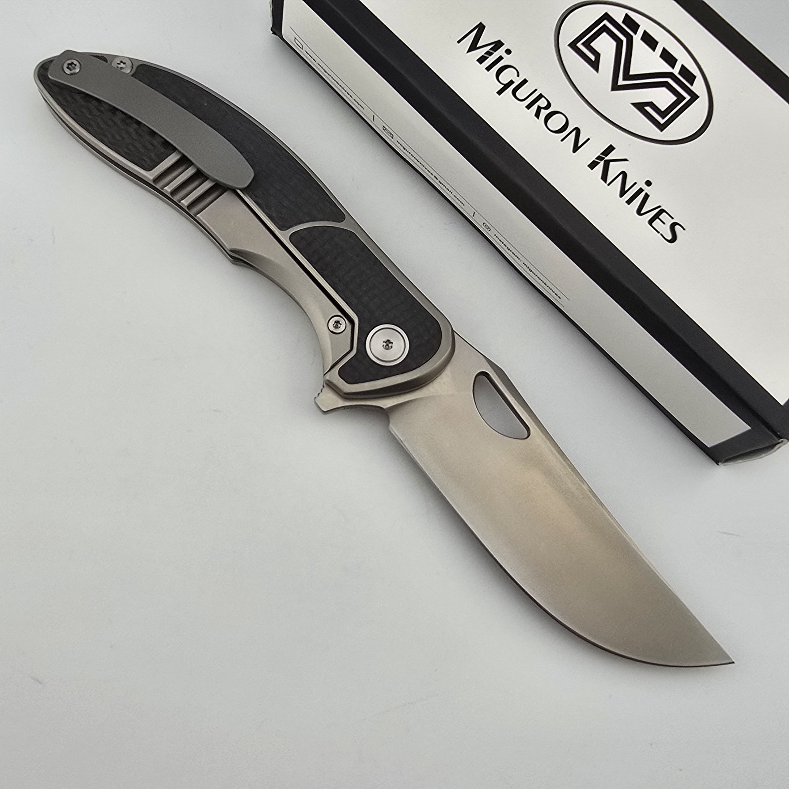 Miguron Dromos Folding Knife Drop Point M390 Titanium Carbon Fiber Flipper EDC