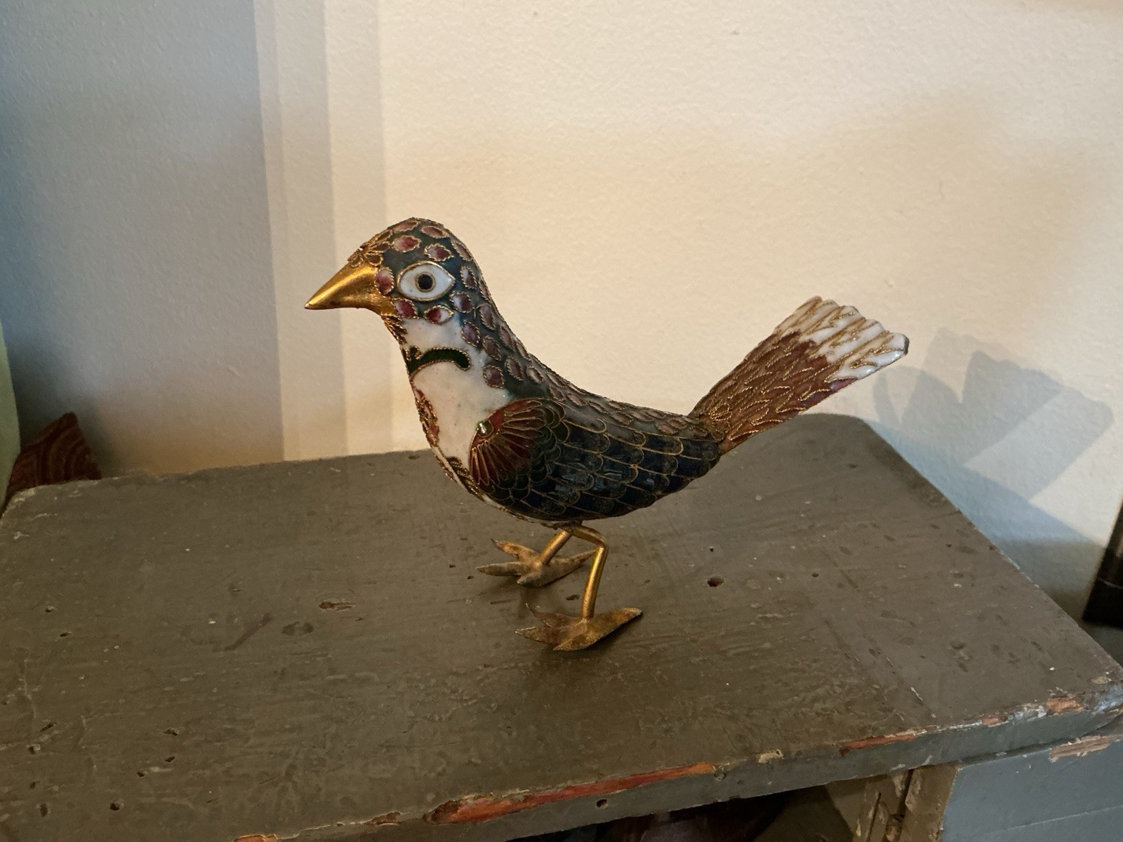 Vintage Chinese Cloisonné Bird Figurine Brass & Enamel