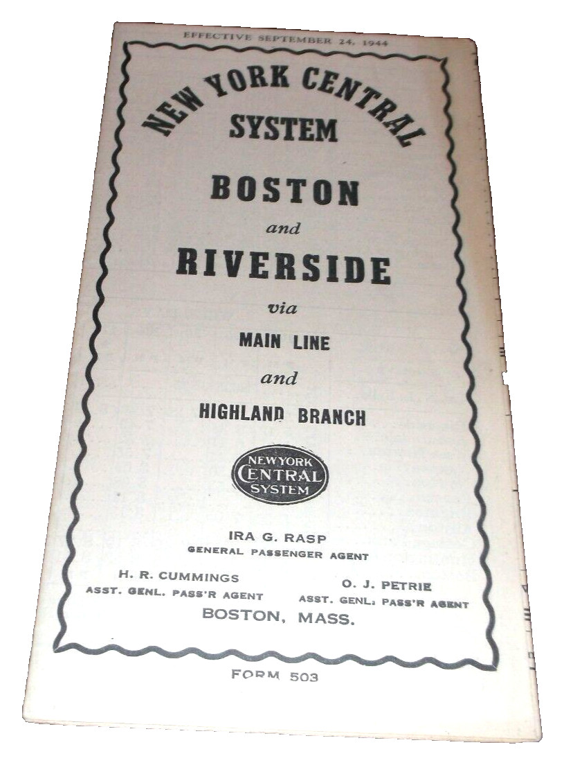 SEPTEMBER 1944 NYC BOSTON & ALBANY FORM 503 RIVERSIDE PUBLIC TIMETABLE