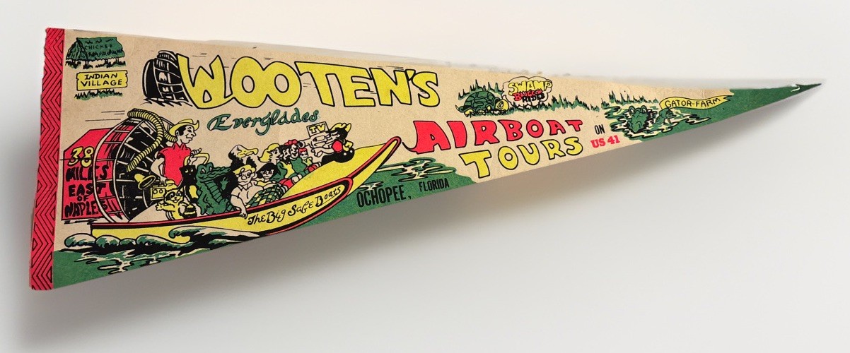 Rare Vintage Wootens Airboat Tours Ochopee Florida Flag Pennant RETRO NEON GATOR