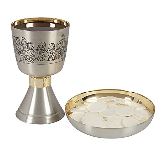 Last Supper Sudbury Brass Etched Chalice and Bowl Paten Set 4 Inch x 7 Inch