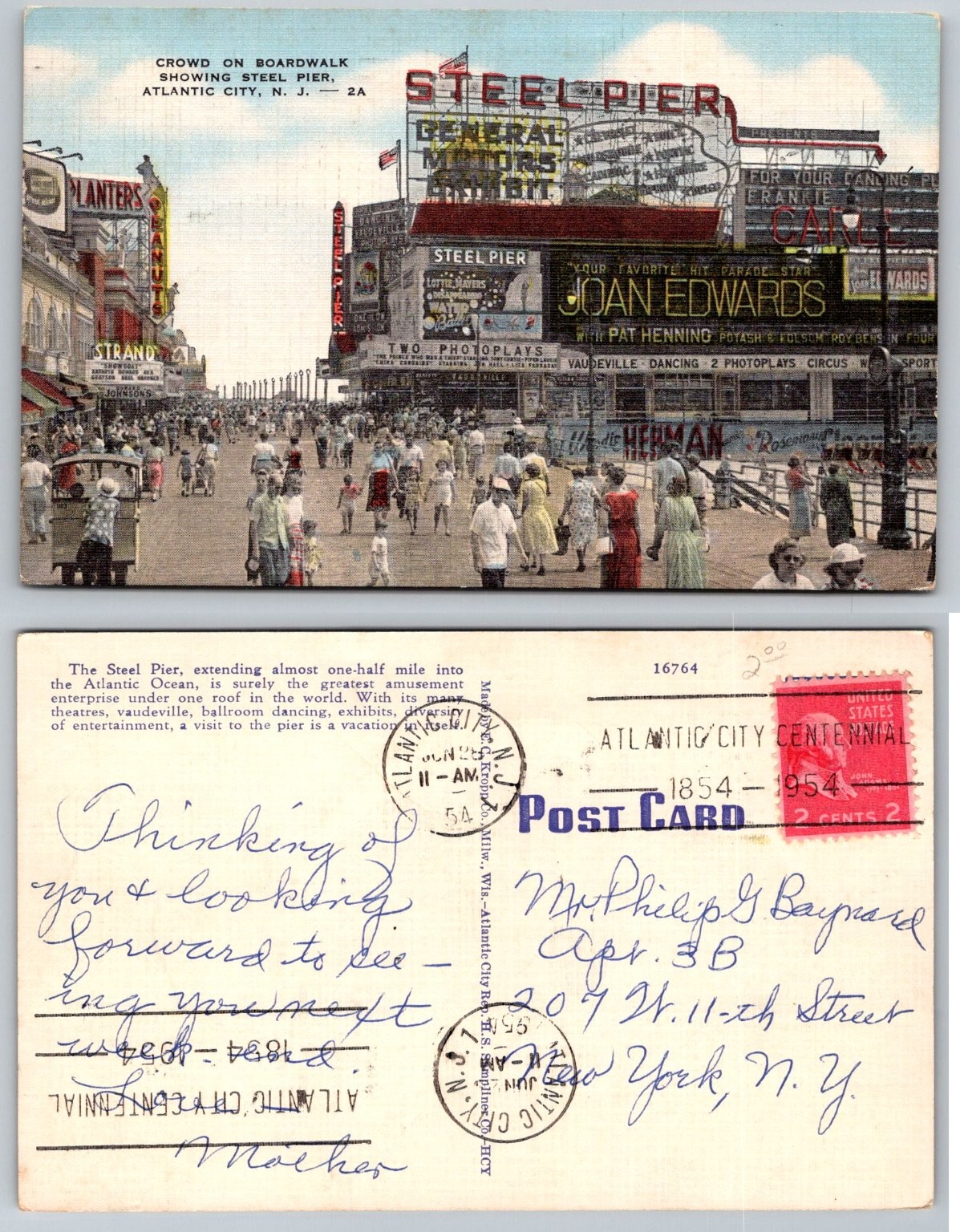 1954 Atlantic City Steel Pier Boardwalk Crowd Linen Postcard Posted