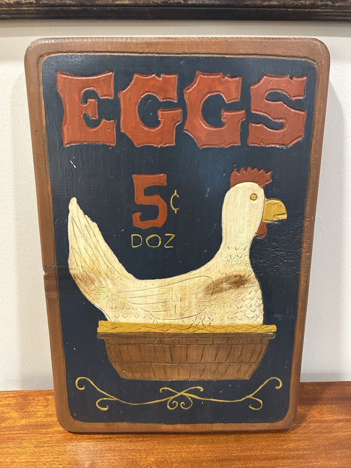 Vintage Wagenhals Studio Hand Carved Painted Wood Sign Chicken Eggs 5c Farmhouse