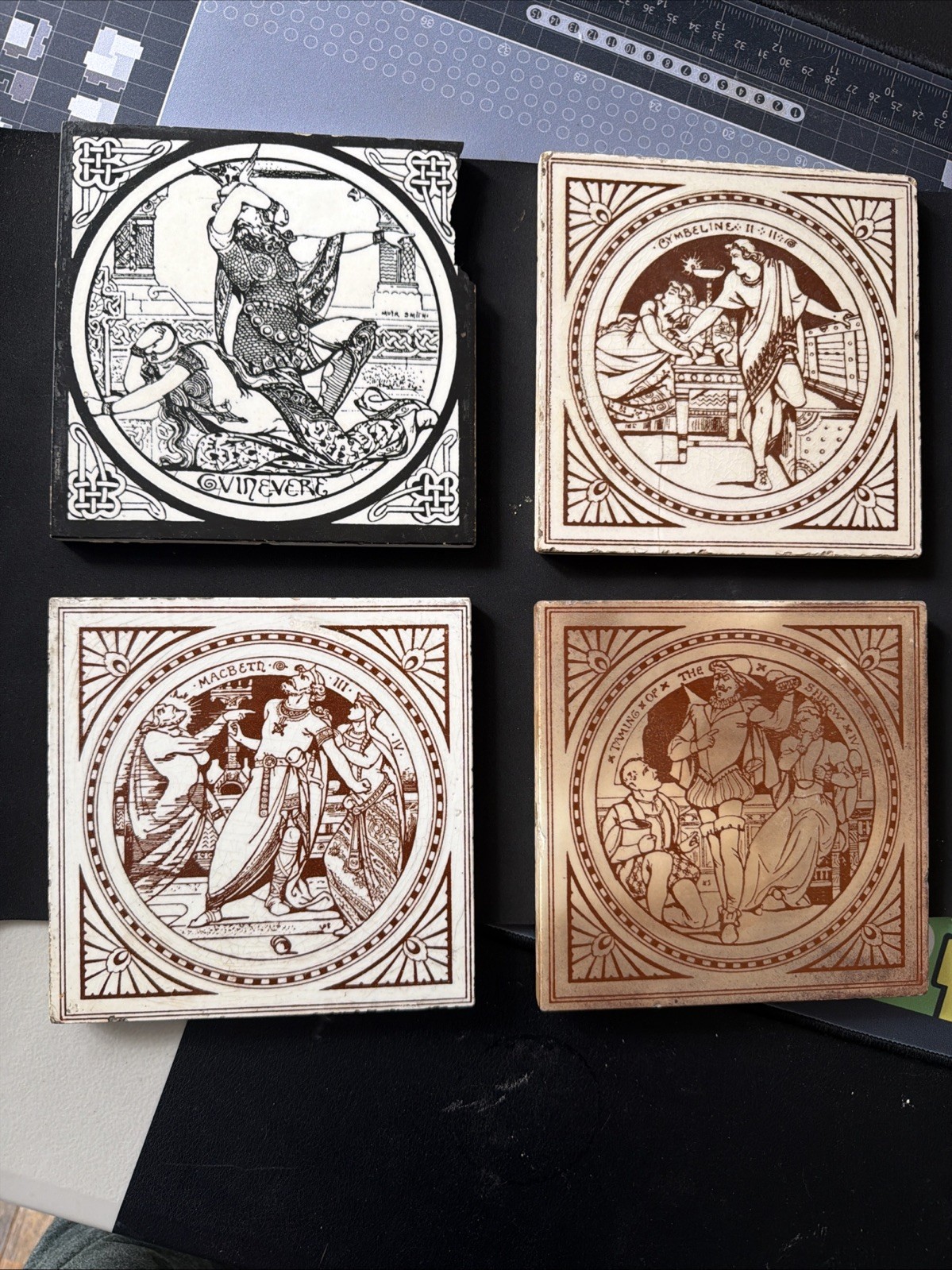Set Of Minton 6x6 Shakespearean Tiles - Cymbaline, Guinevere, Macbeth, Shrew Set Of Minton 6x6 Shakespearean Tiles - Cymbaline, Guinevere, Macbeth, Shrew